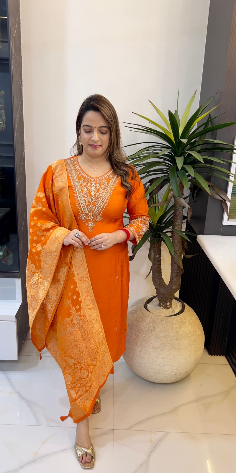 Paper Silk Hand-Embroidered Suit Set with Banarasi Dupatta