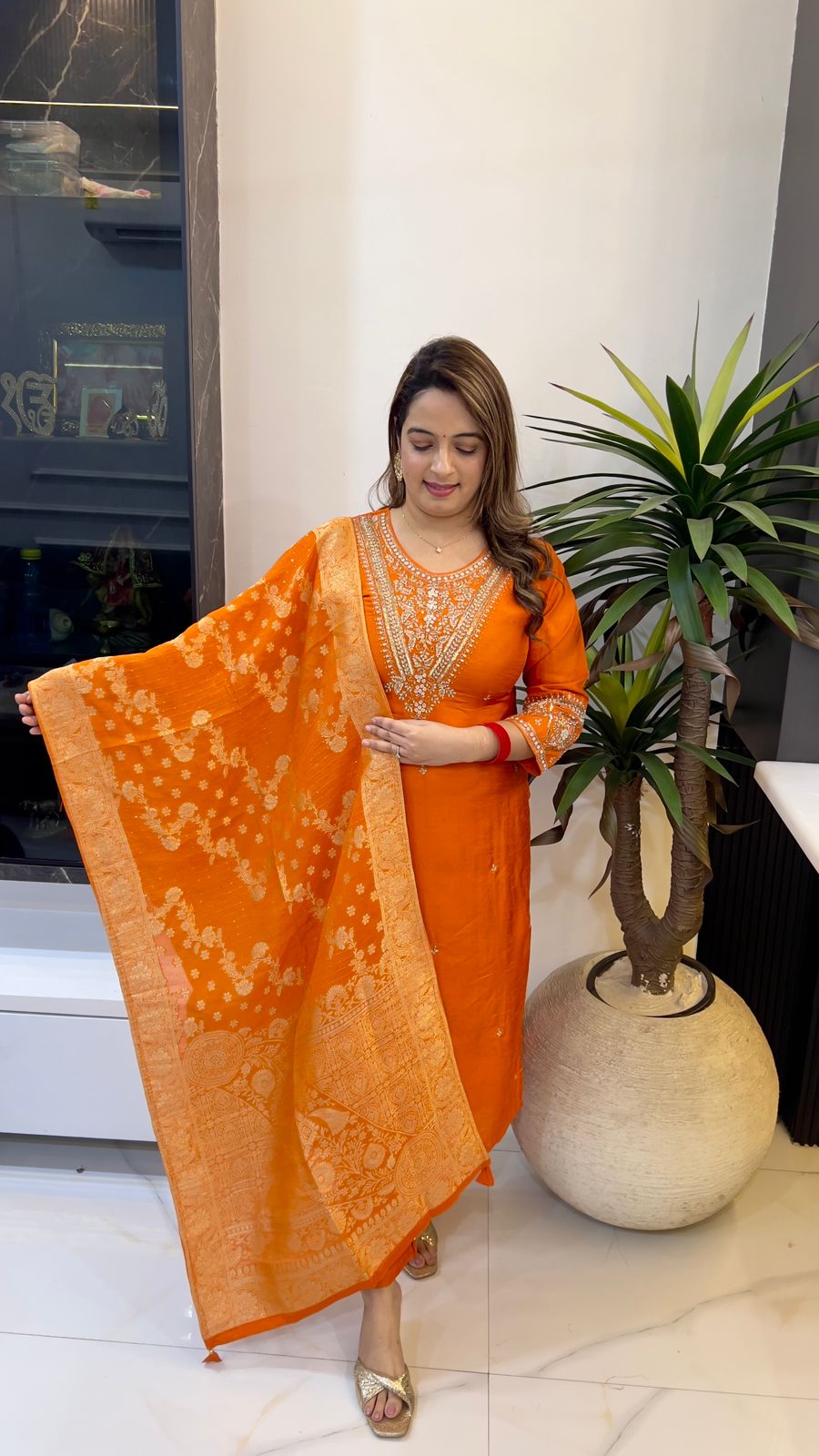 Paper Silk Hand-Embroidered Suit Set with Banarasi Dupatta