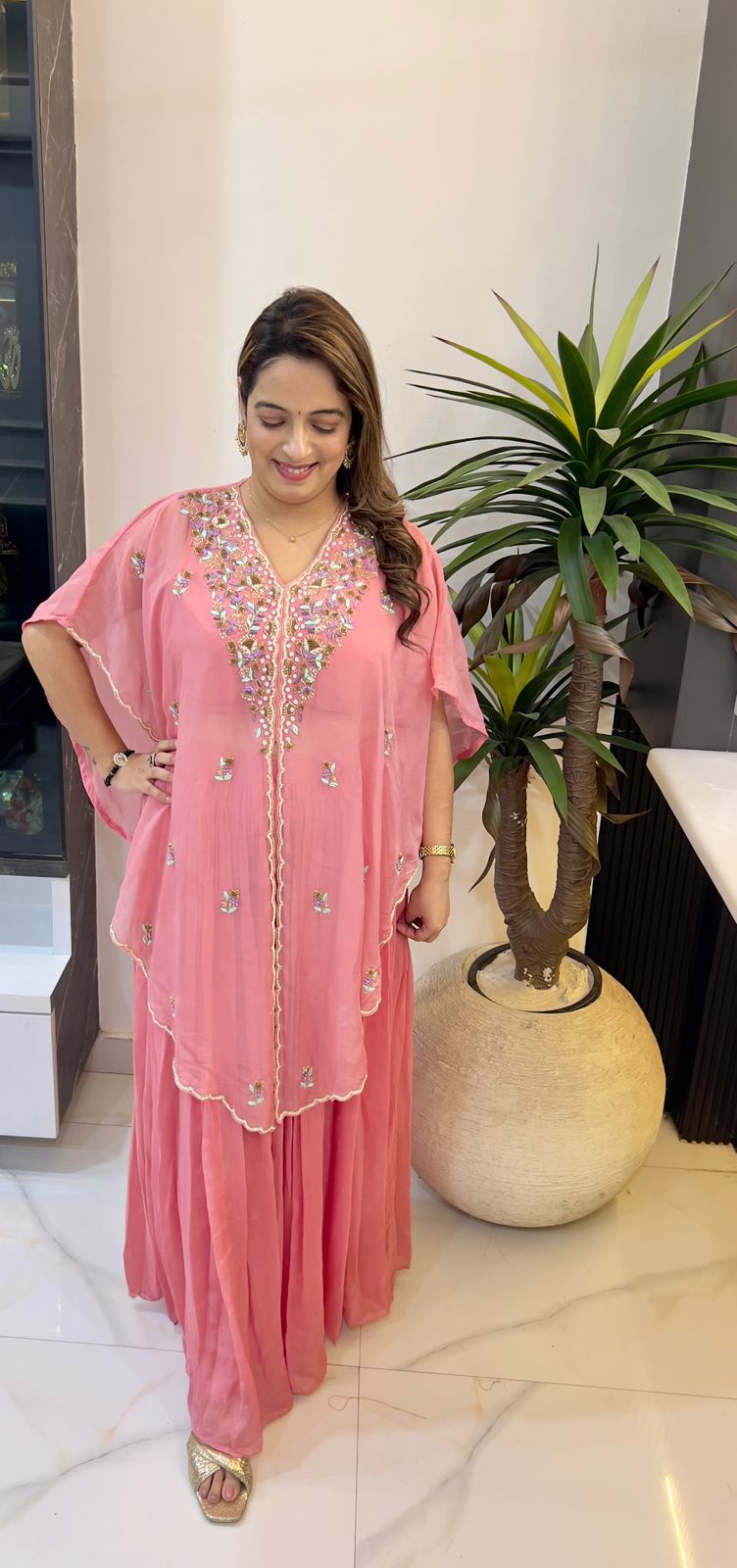 Designer Organza Hand-Embroidered Blouse with Chinon Skirt