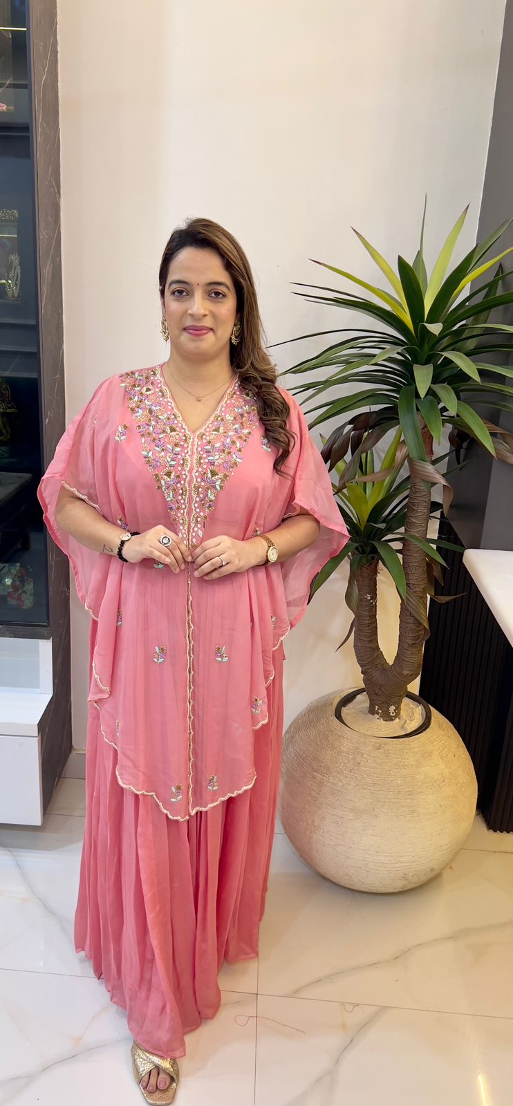 Designer Organza Hand-Embroidered Blouse with Chinon Skirt