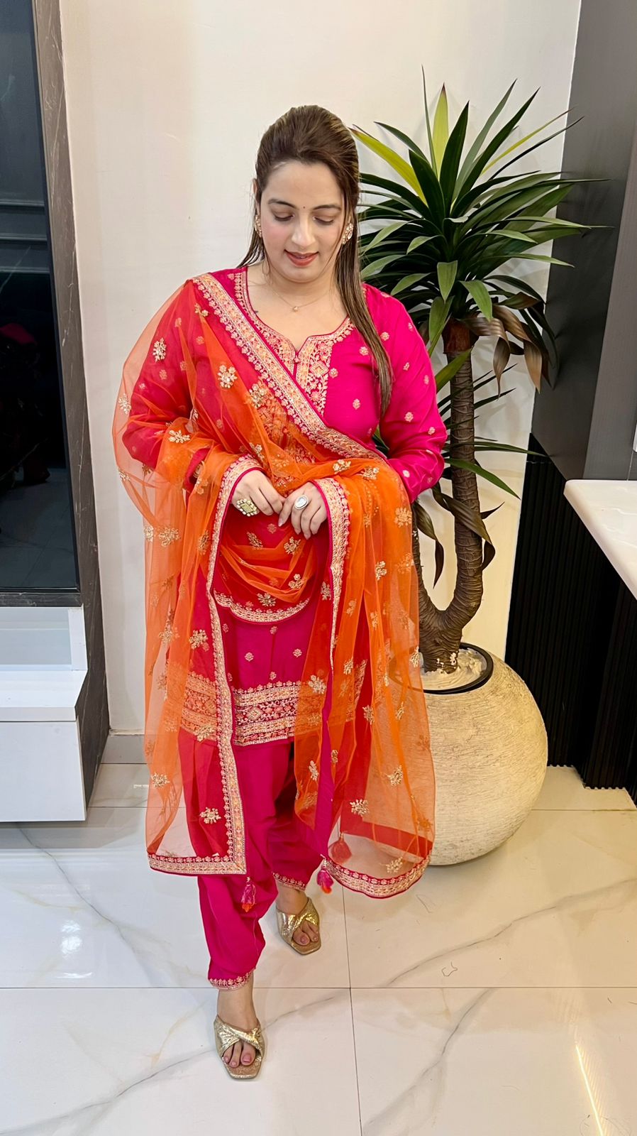 Pure Silk Farshi Salwaar with Butterfly Net Dupatta – Handcrafted Elegance