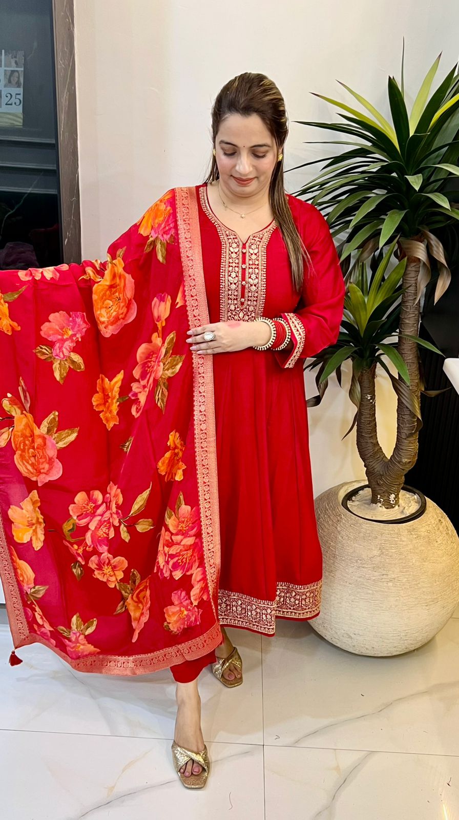 Pure Paper Silk Anarkali Dress with Banarasi Floral Dupatta