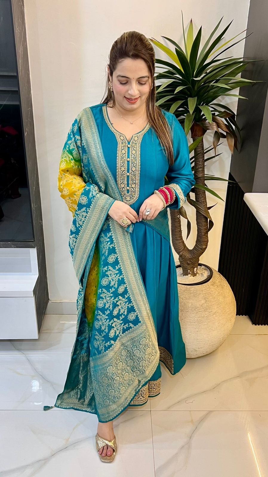 Pure Paper Silk Anarkali One-Piece Dress with Banarasi Floral Dupatta