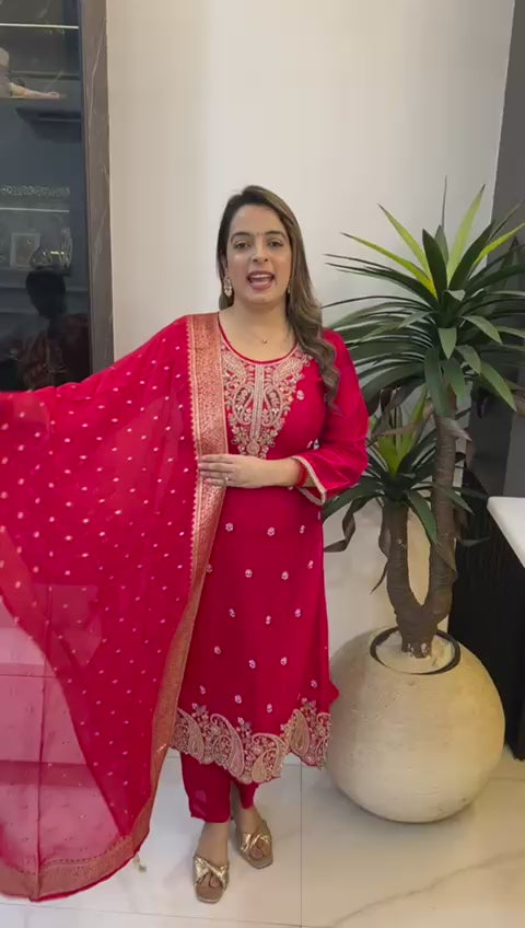 Paper Silk Hand-Embroidered Suit Set with Banarasi Dupatta