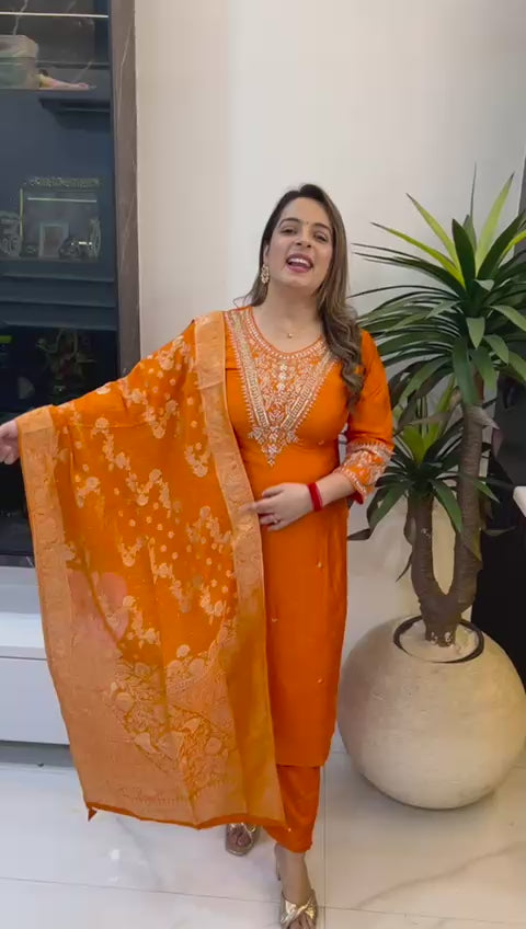 Paper Silk Hand-Embroidered Suit Set with Banarasi Dupatta