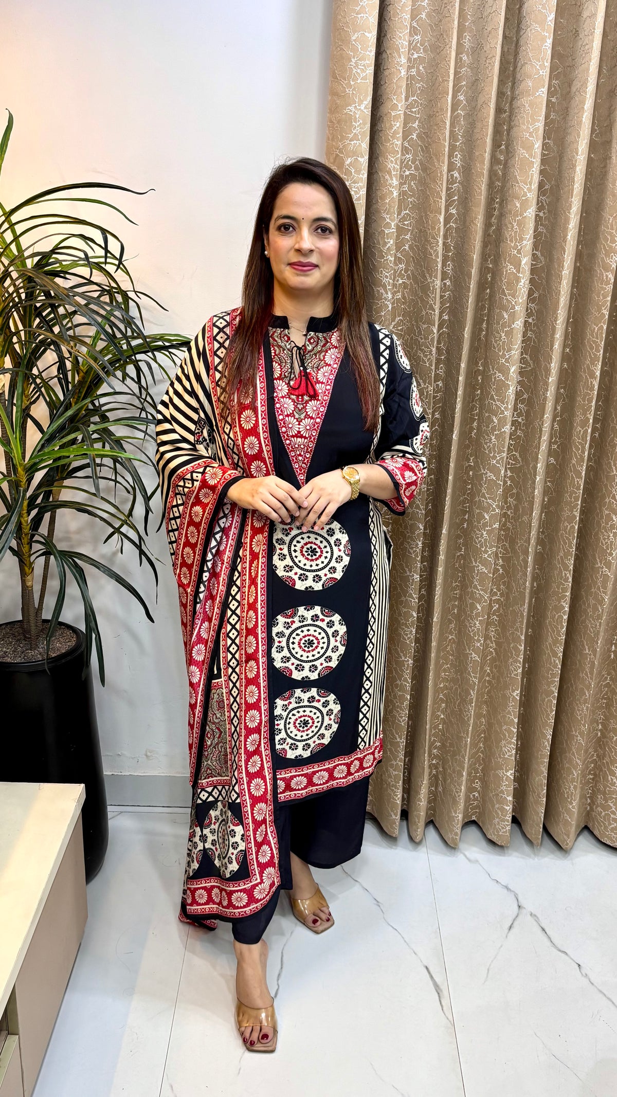 Russian Crepe Ajrak Print Suit with Ban V-Slit Neckline & Dori Tassels