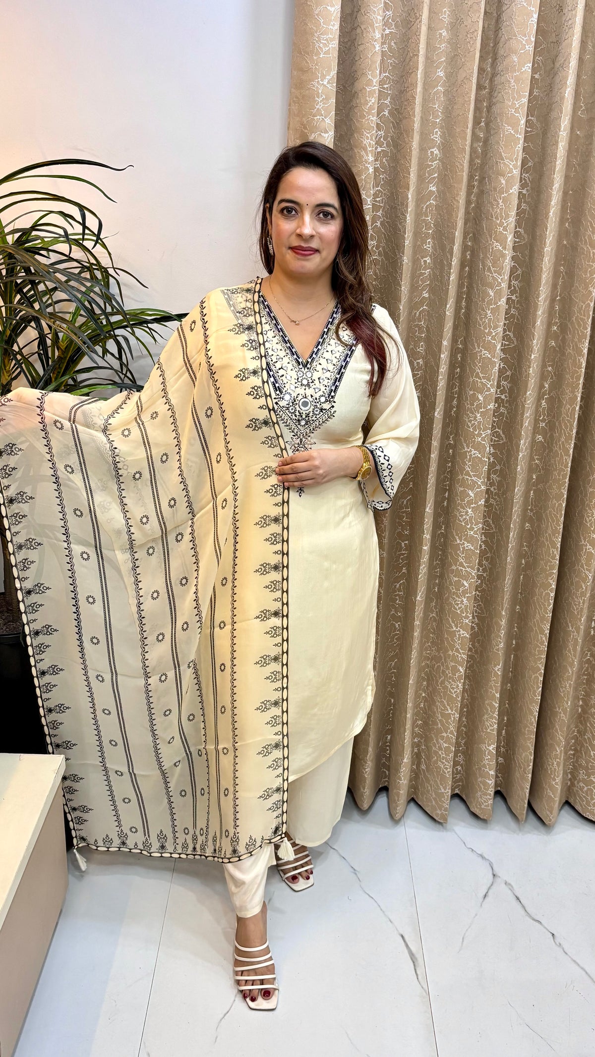 Natural Crepe Suit with Organza Tassel Dupatta & Shantoon Bottom