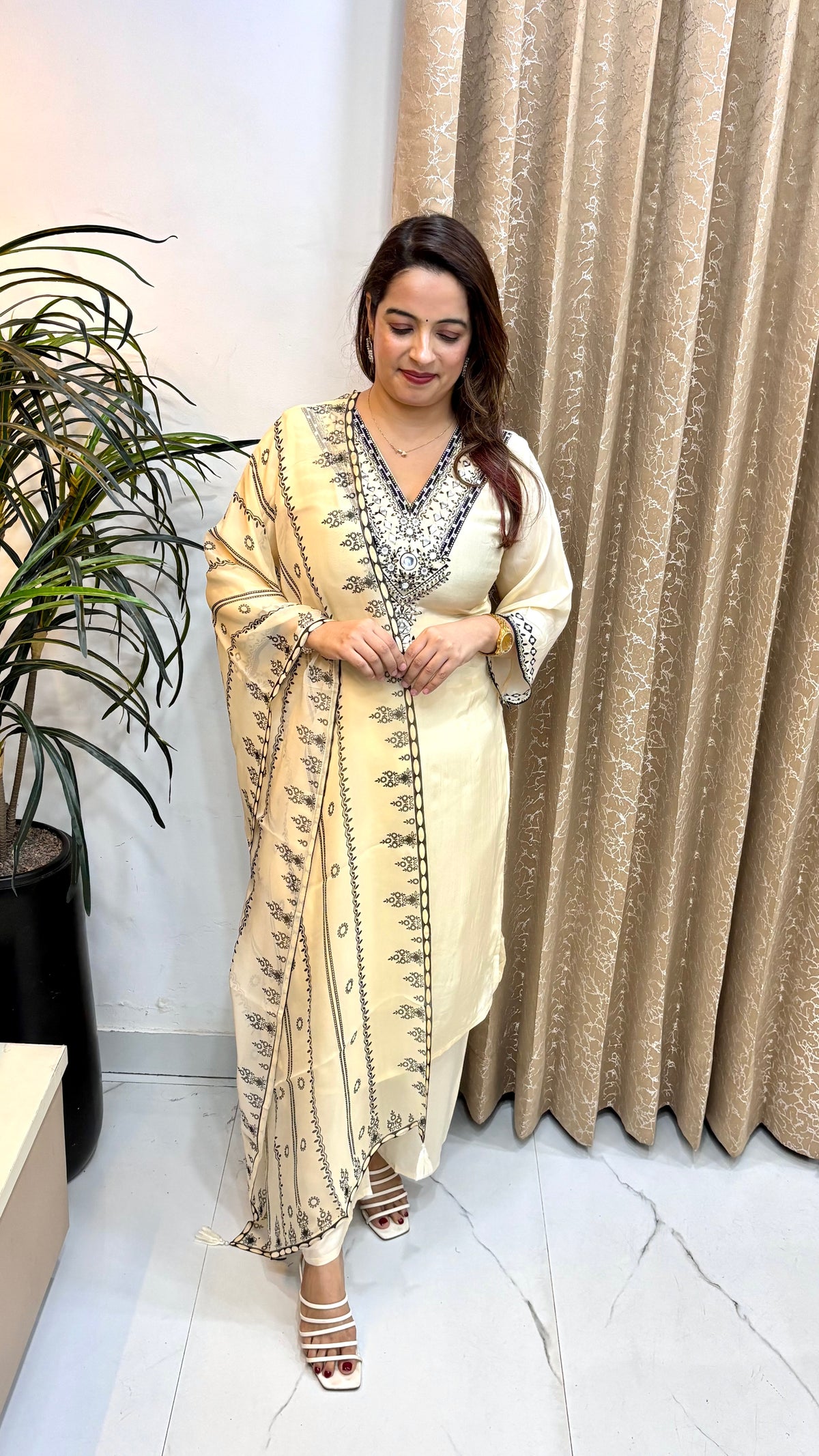 Natural Crepe Suit with Organza Tassel Dupatta & Shantoon Bottom