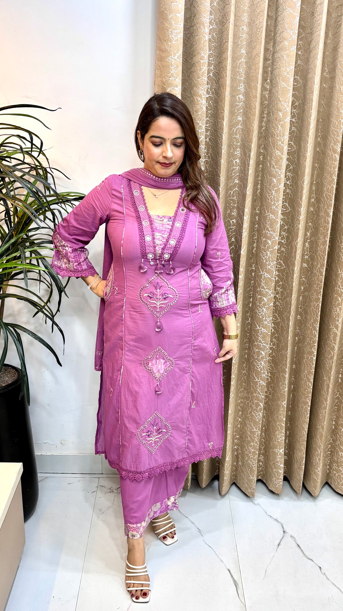 Pure Cotton Chinese Collar Suit with Real Mirror Work, Designer Pockets & Mulmul Dupatta