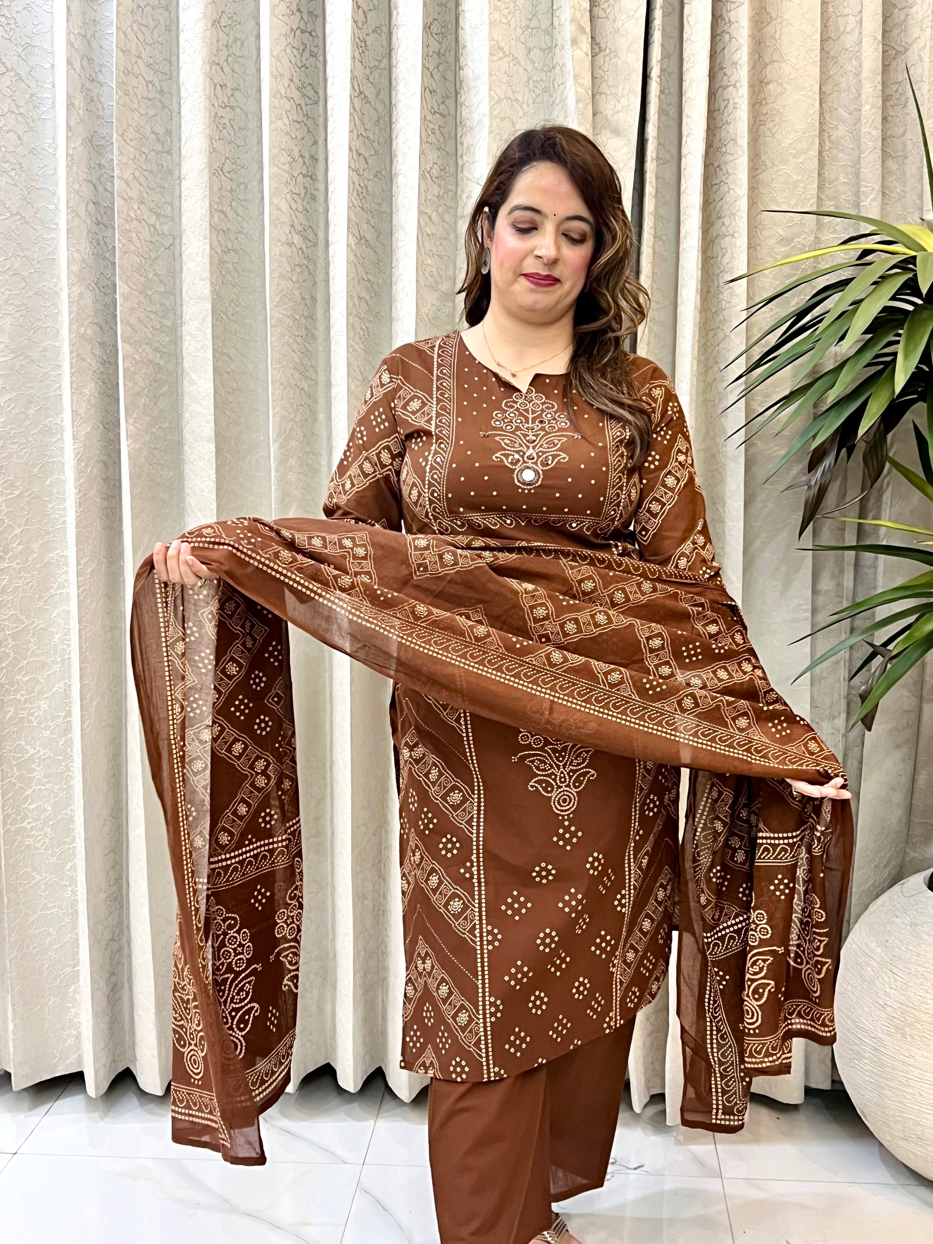 Premium Cotton Bandhani Suit with Real Mirror Work