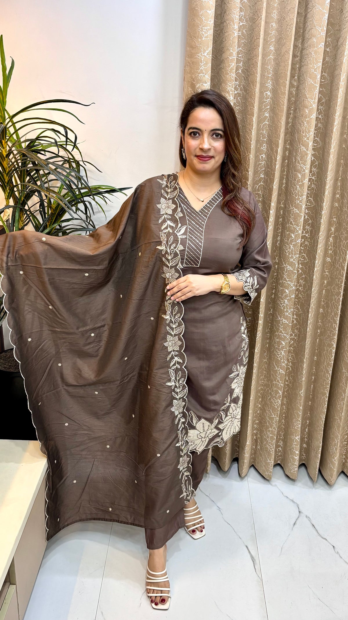 Mul Chanderi Suit with Cutwork, Embroidery & Muslin Bottom