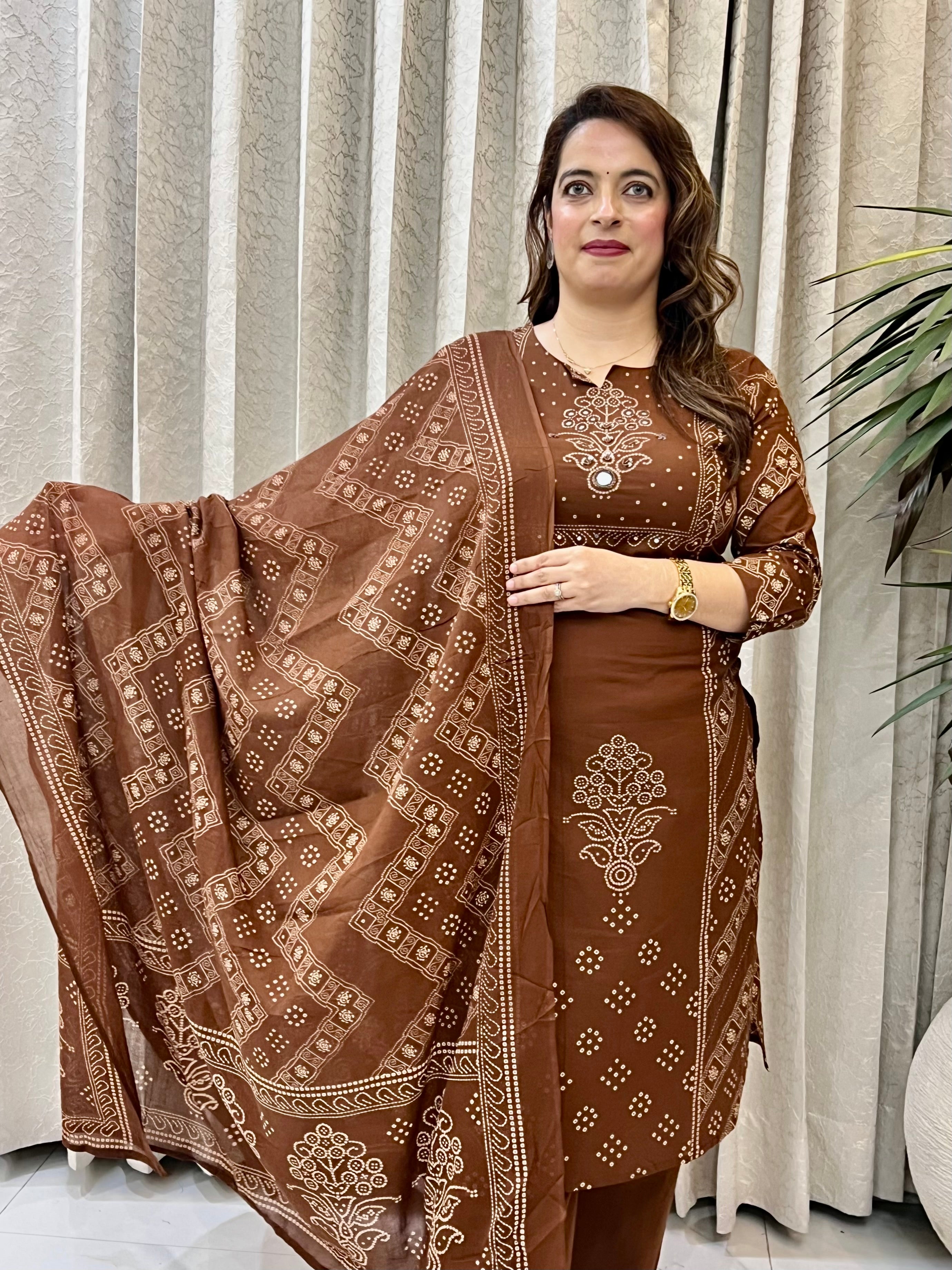 Premium Cotton Bandhani Suit with Real Mirror Work