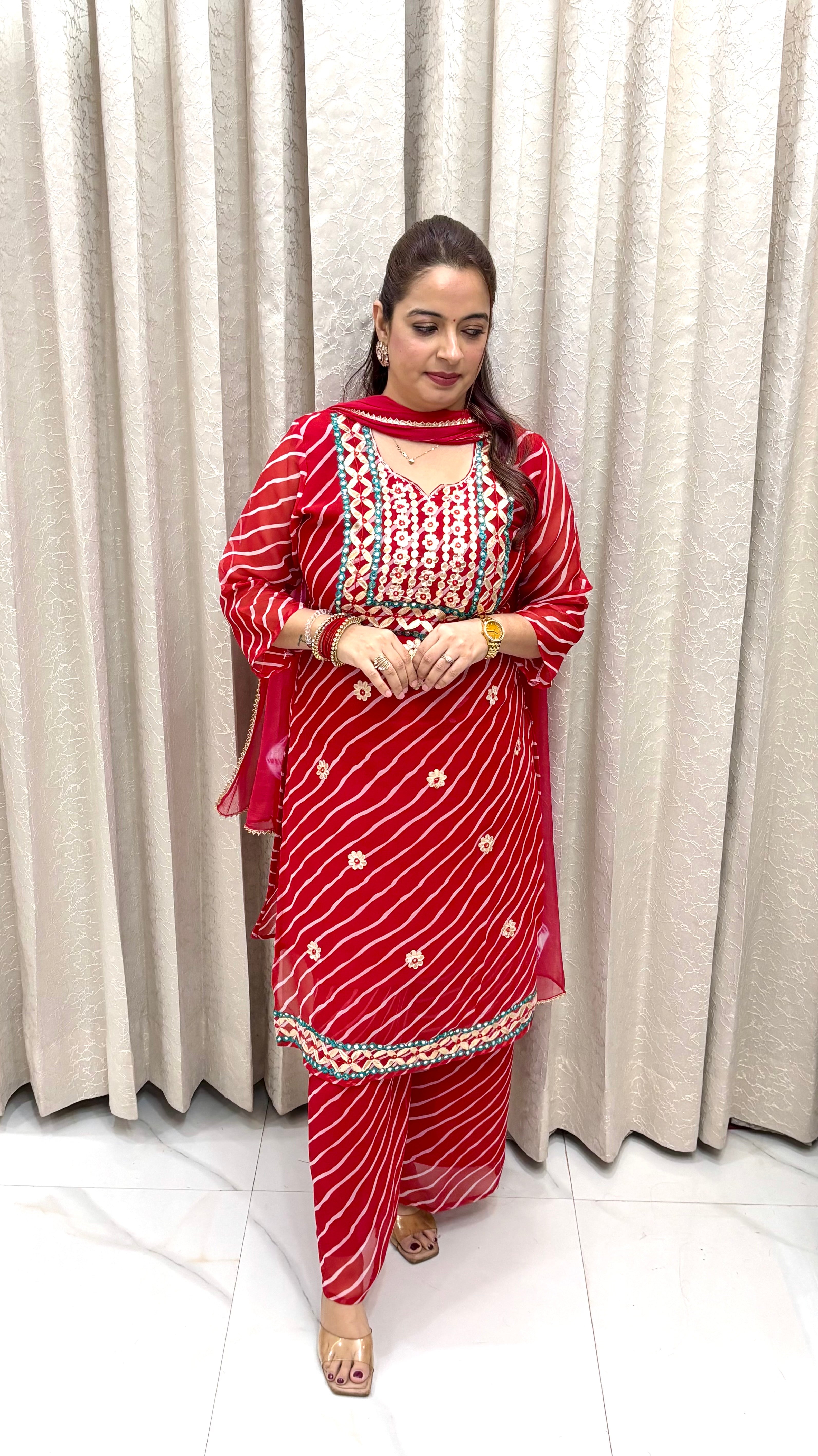 Elegant Georgette Lehriya Print Suit with Gotta Patti & Mirror Work – Festive Ethnic Ensemble
