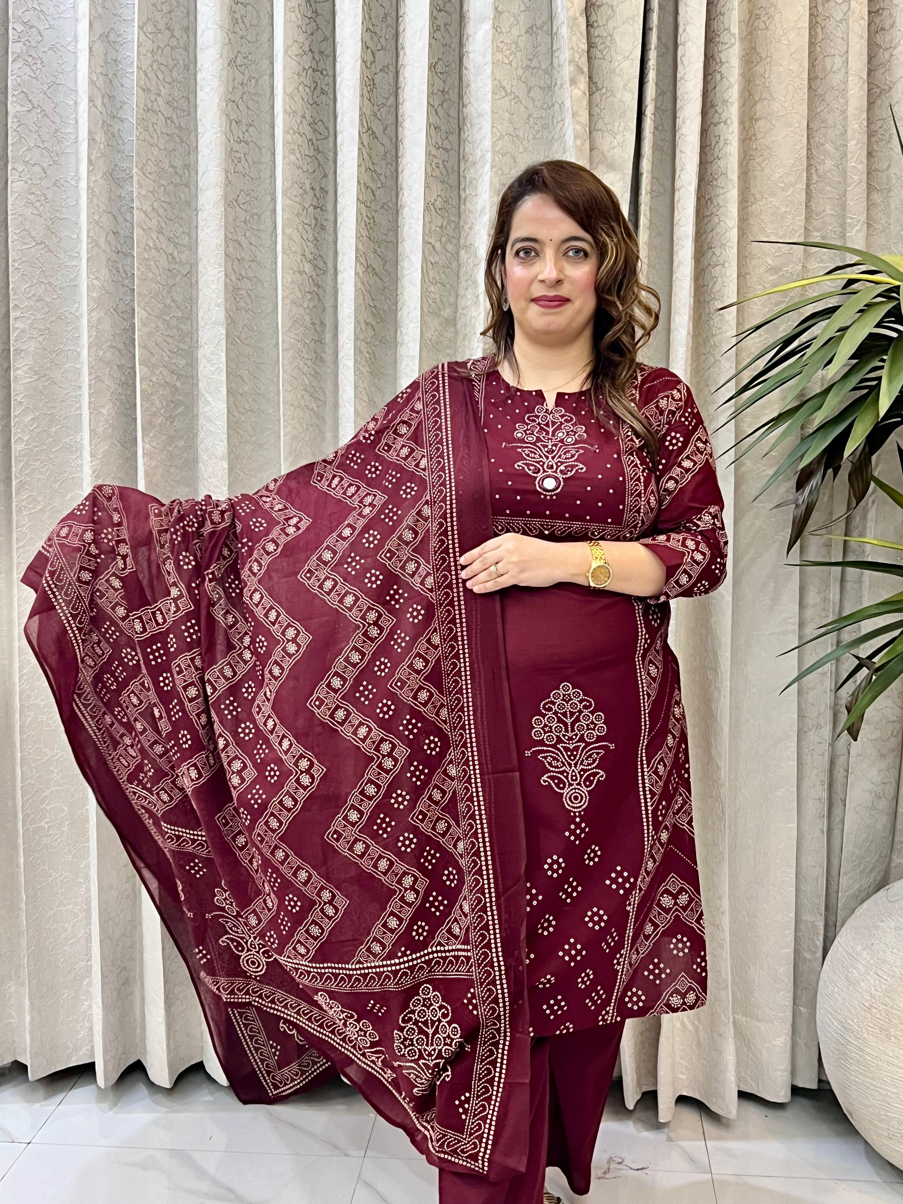 Premium Cotton Bandhani Suit with Real Mirror Work