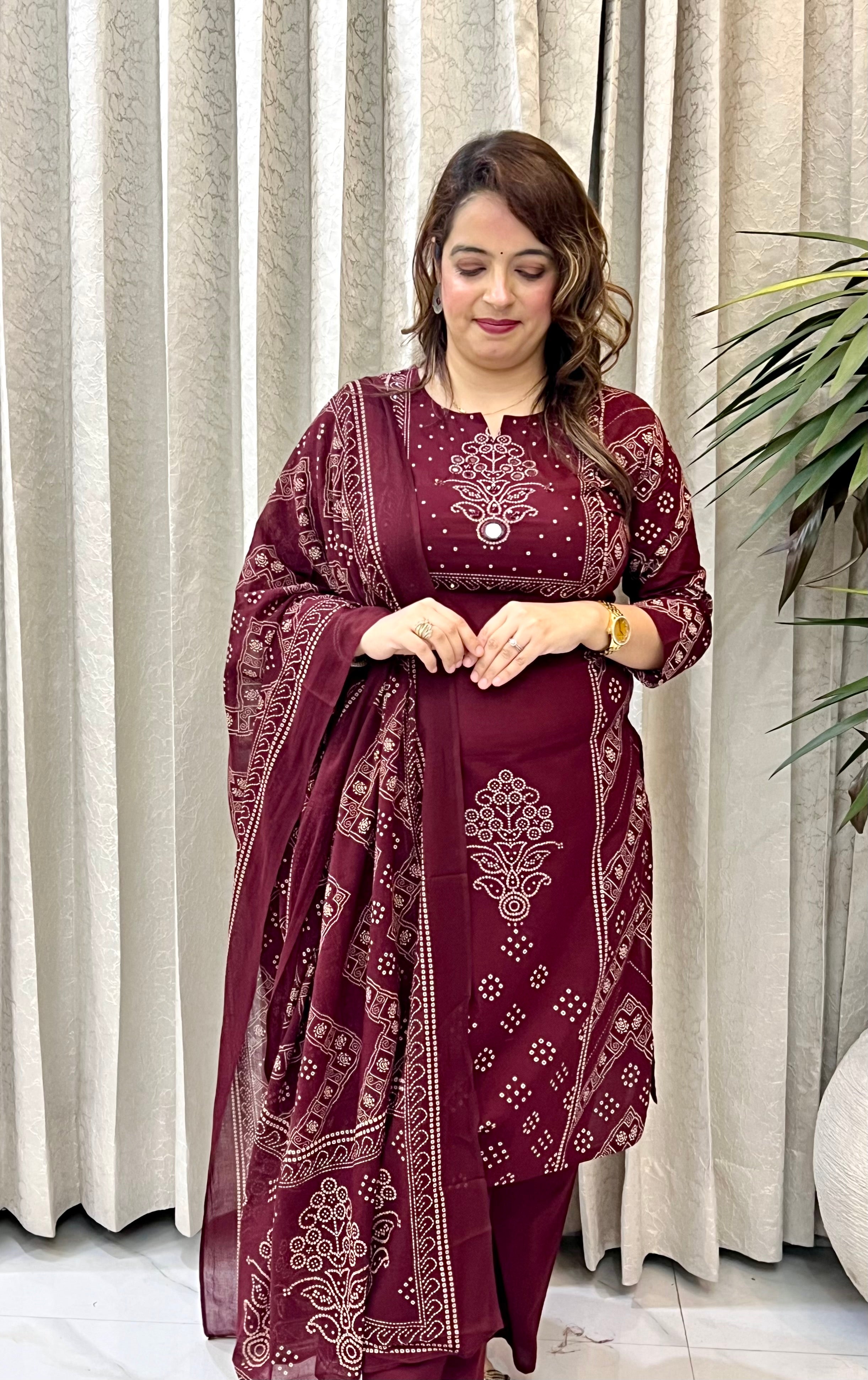 Premium Cotton Bandhani Suit with Real Mirror Work