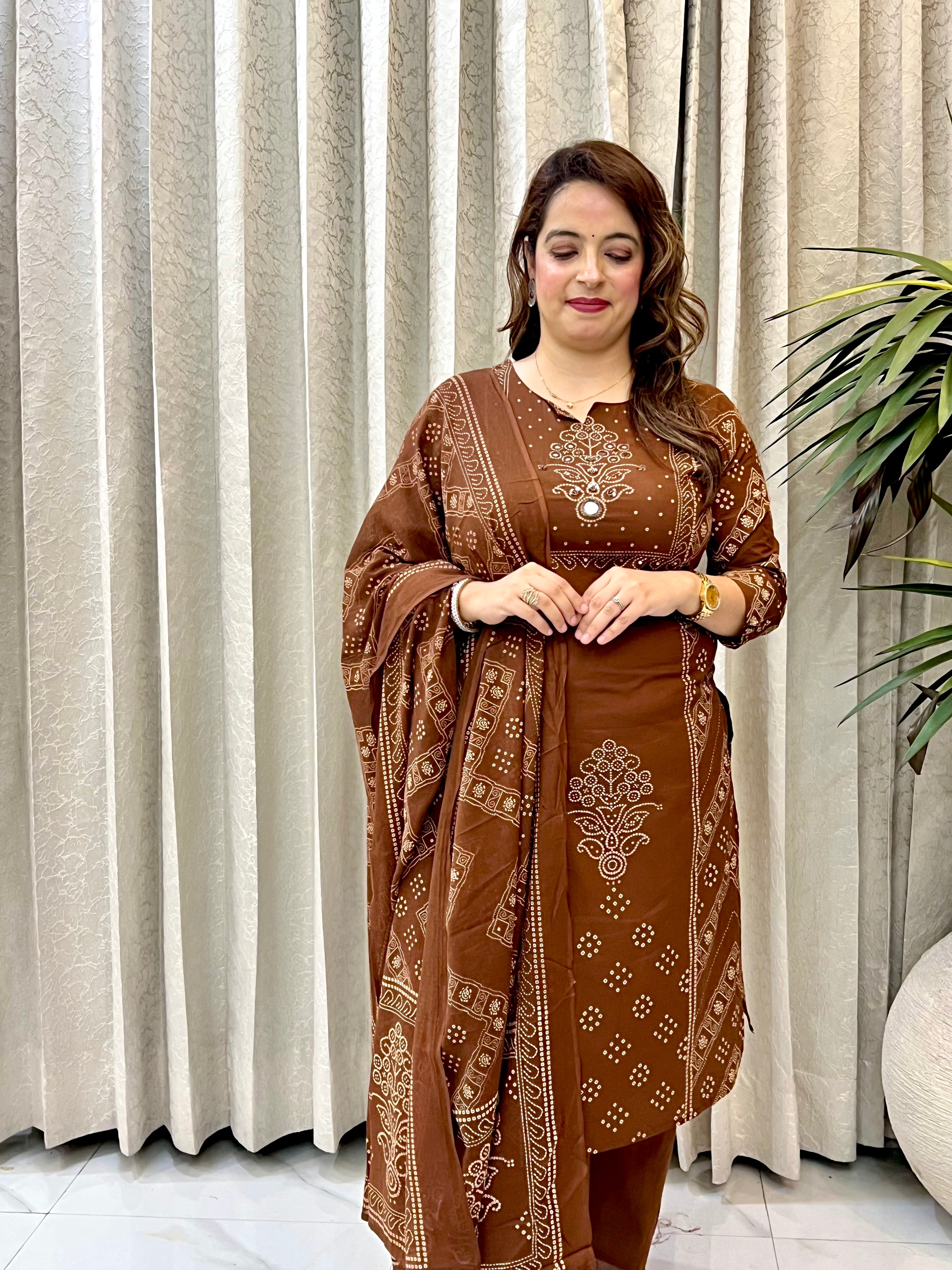 Premium Cotton Bandhani Suit with Real Mirror Work