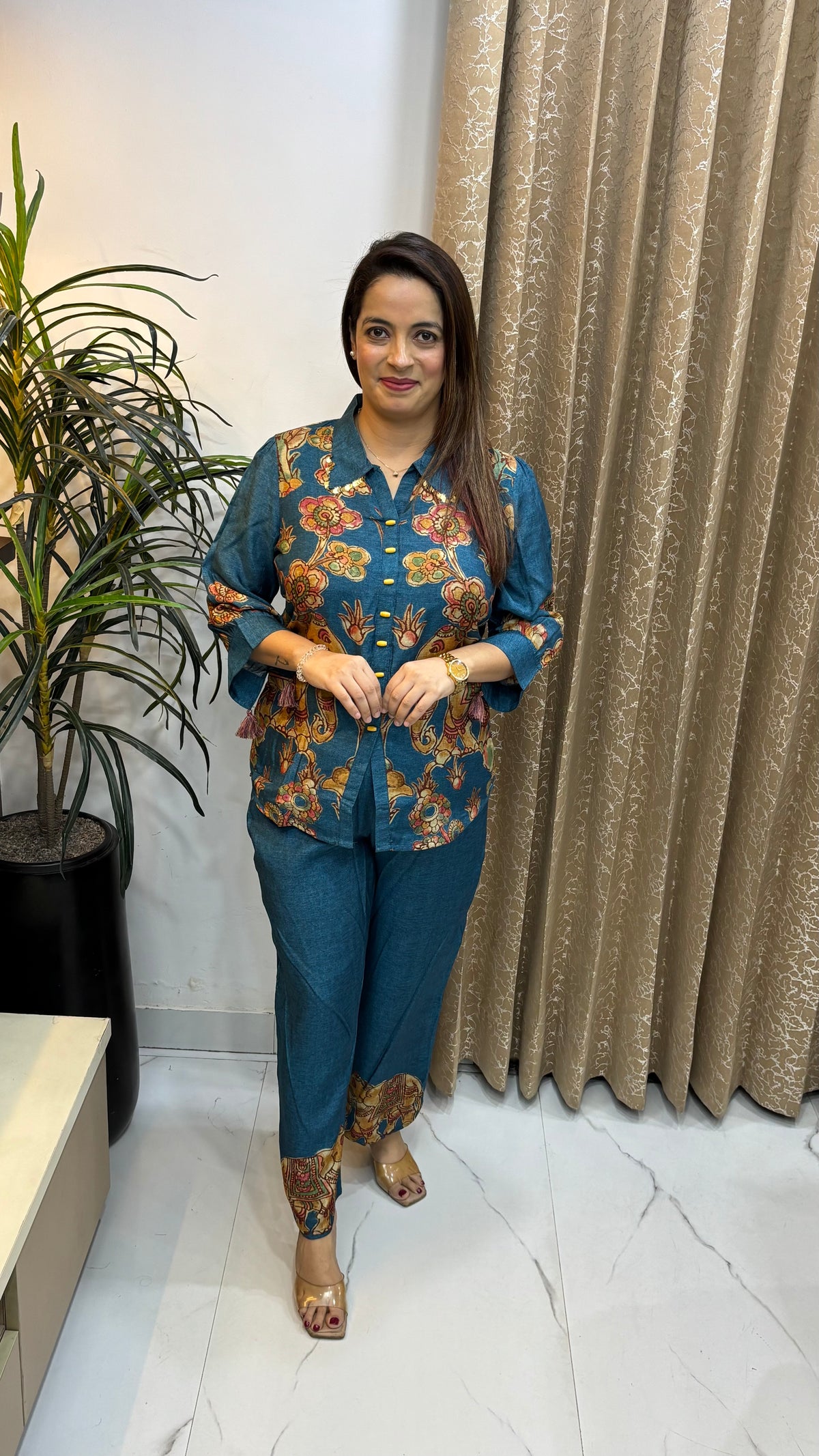 Pure Crepe Madhubani Art Co-Ord Set with Sequined Shirt Collar