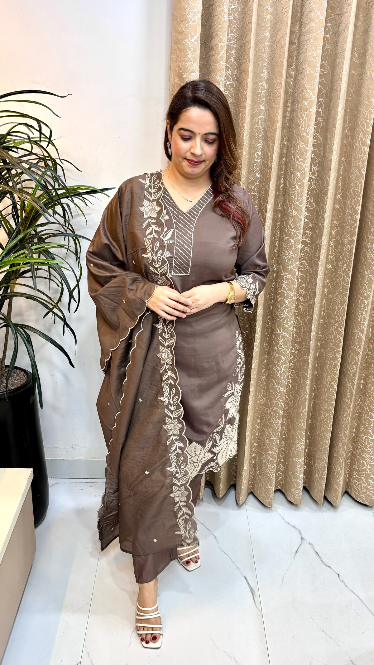 Mul Chanderi Suit with Cutwork, Embroidery & Muslin Bottom