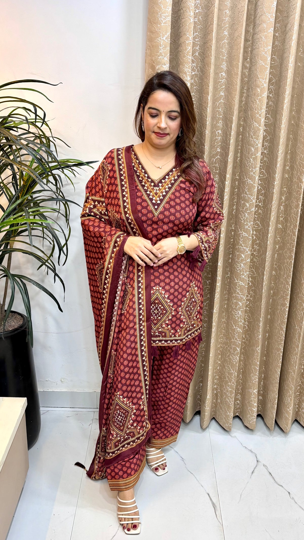 Crepe Ajrak Print Suit with Viral Farshi Salwar & Tassels