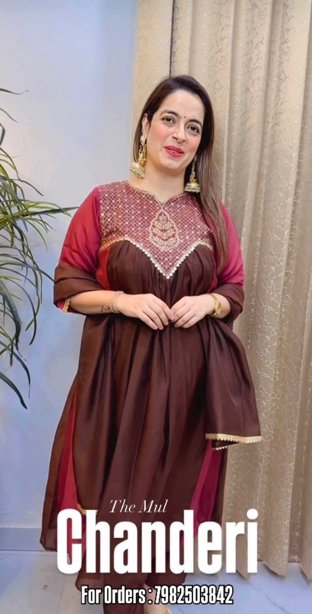 3 Mul Chanderi Anarkali Suit with Jaal Work, Muslin Bottom & Chanderi Dupatta
