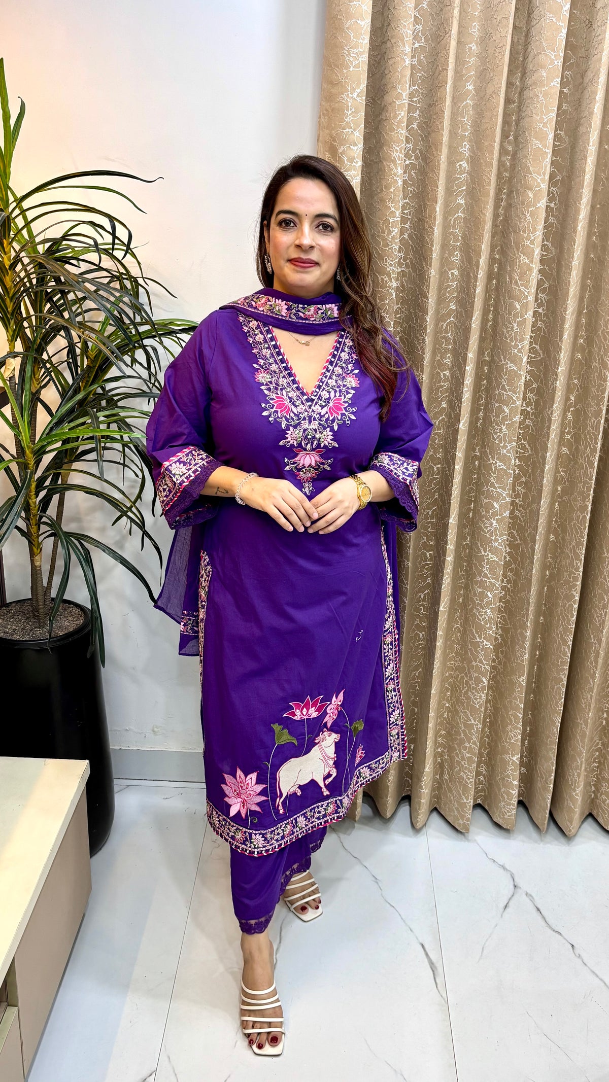 Pure Cotton Suit with Thread Embroidery Work & Mulmul Dupatta