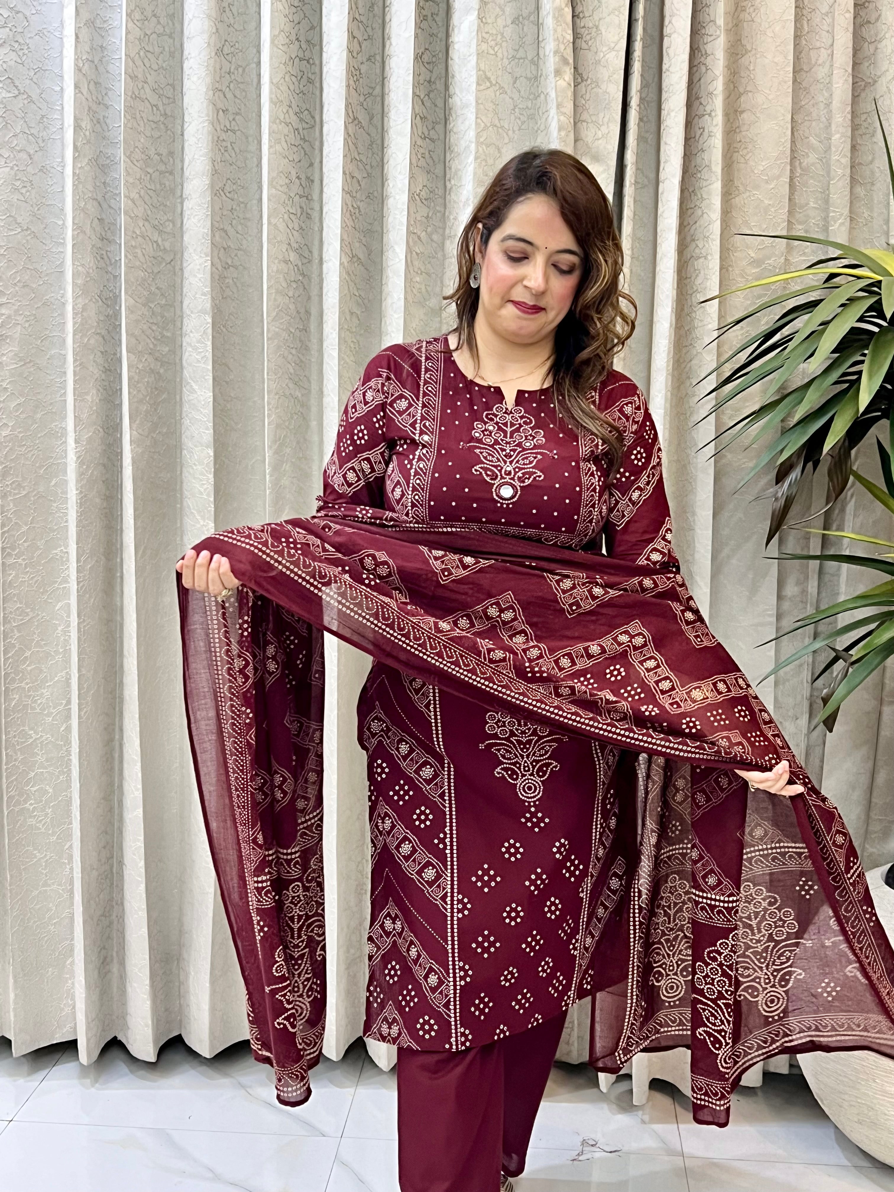 Premium Cotton Bandhani Suit with Real Mirror Work