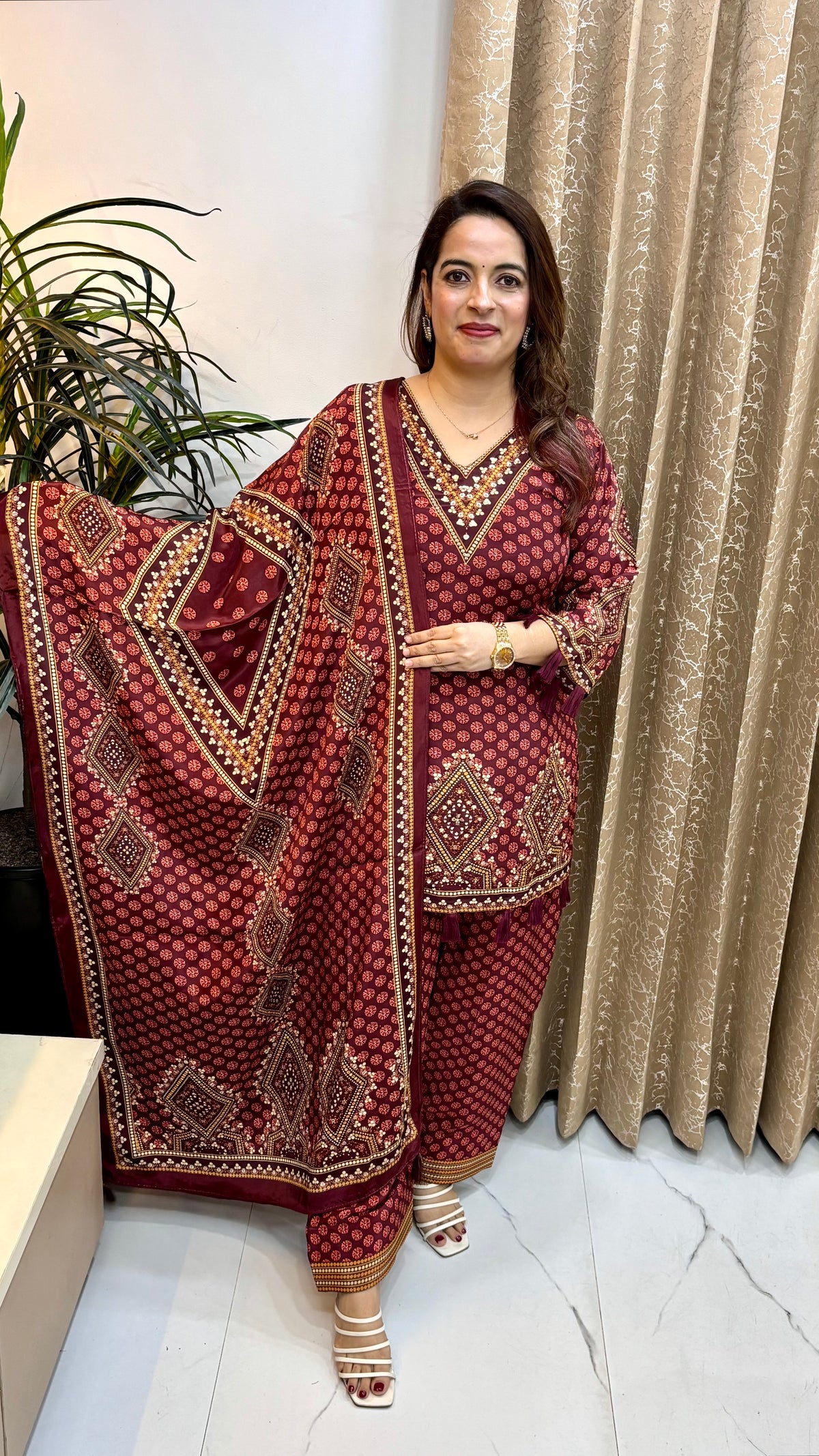 Crepe Ajrak Print Suit with Viral Farshi Salwar & Tassels