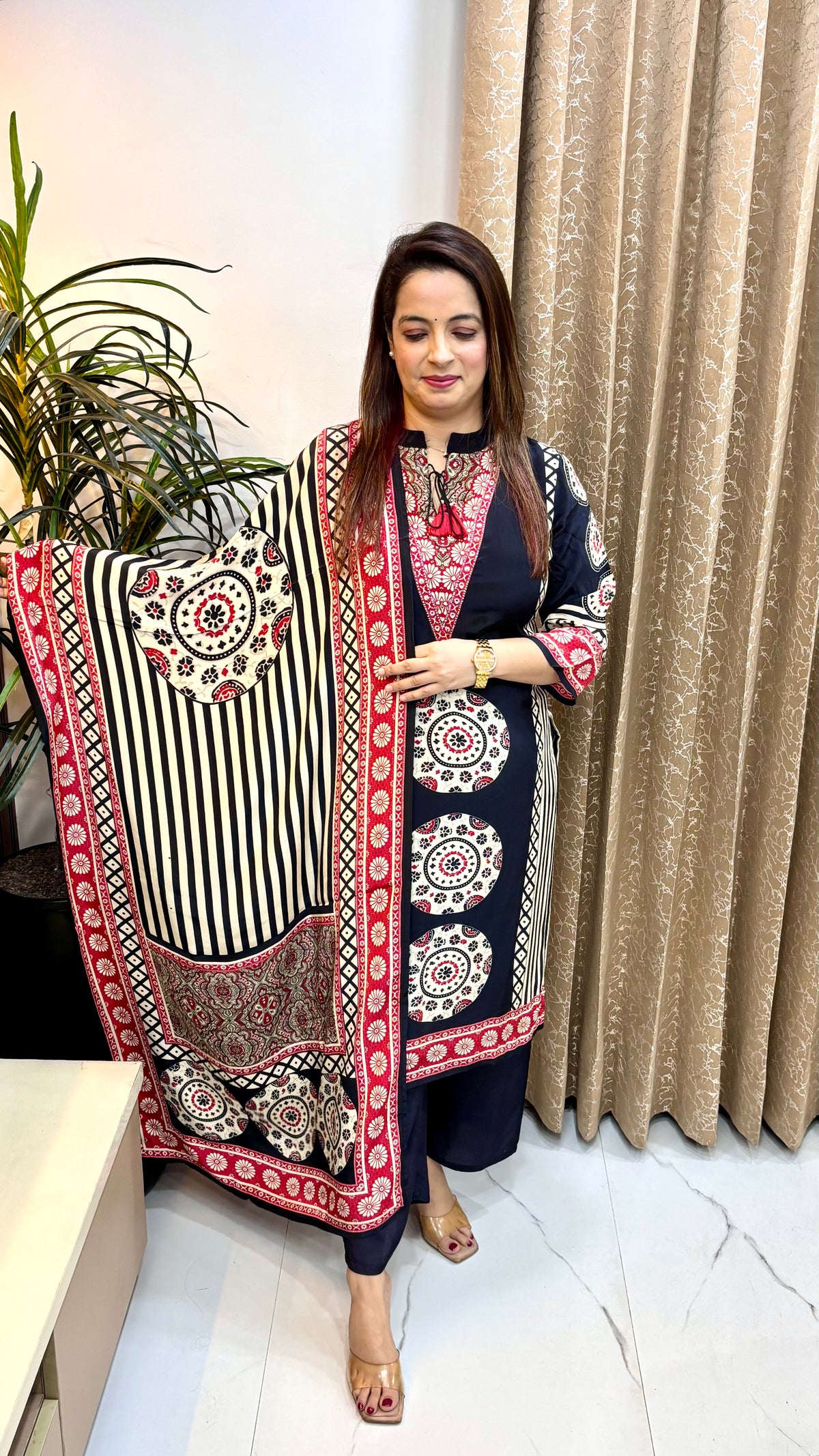 Russian Crepe Ajrak Print Suit with Ban V-Slit Neckline & Dori Tassels