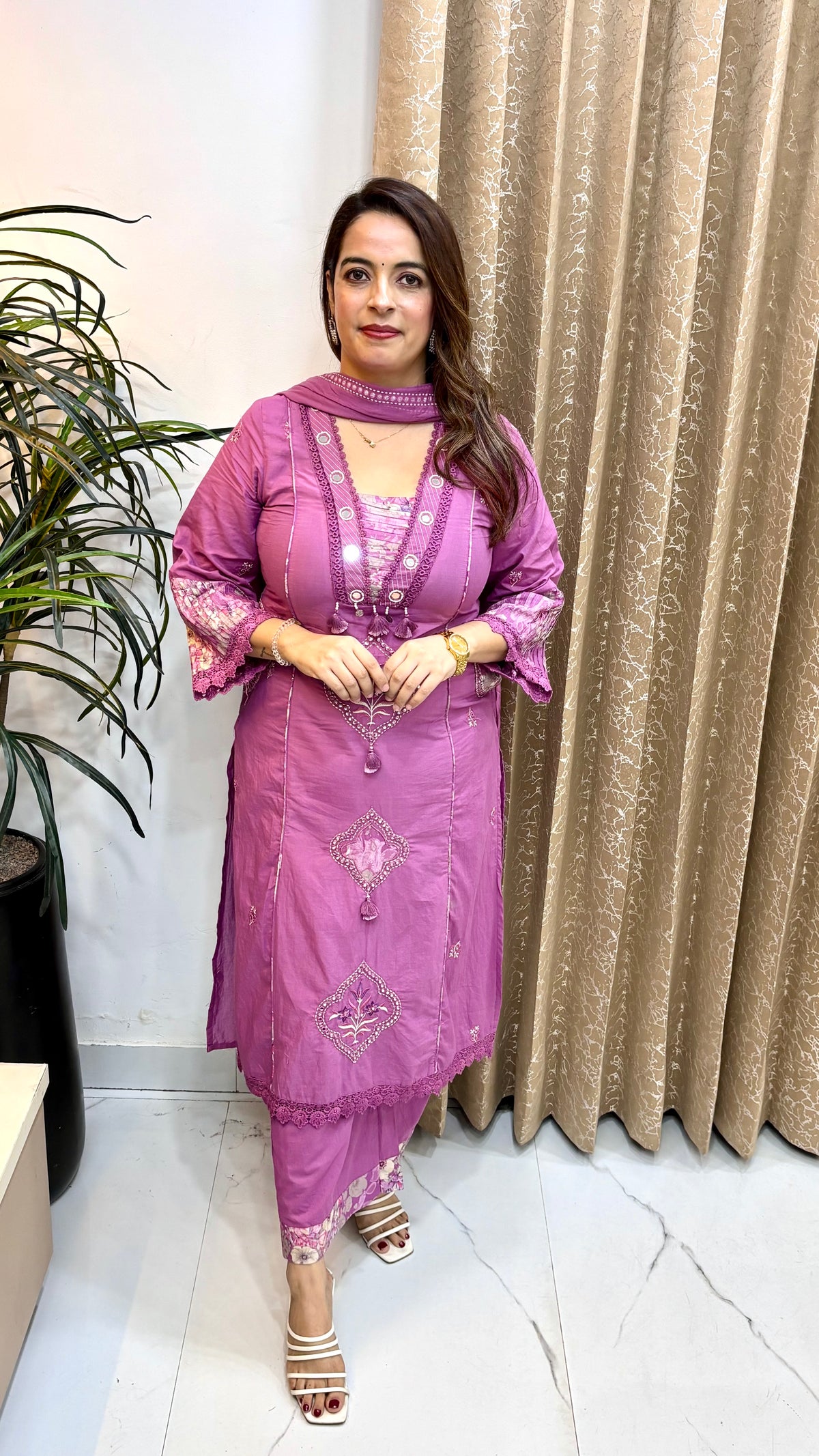 Pure Cotton Chinese Collar Suit with Real Mirror Work, Designer Pockets & Mulmul Dupatta