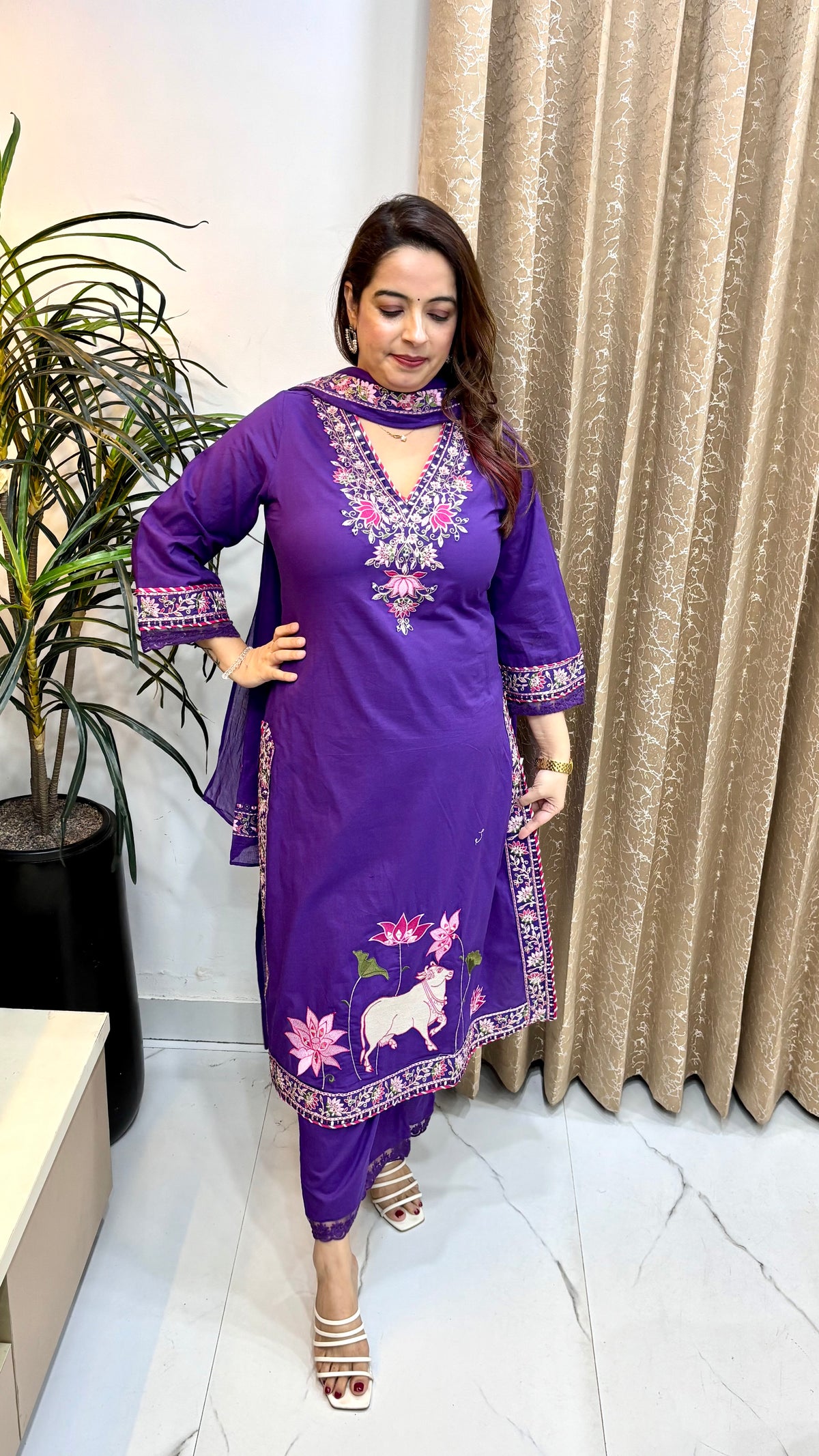 Pure Cotton Suit with Thread Embroidery Work & Mulmul Dupatta