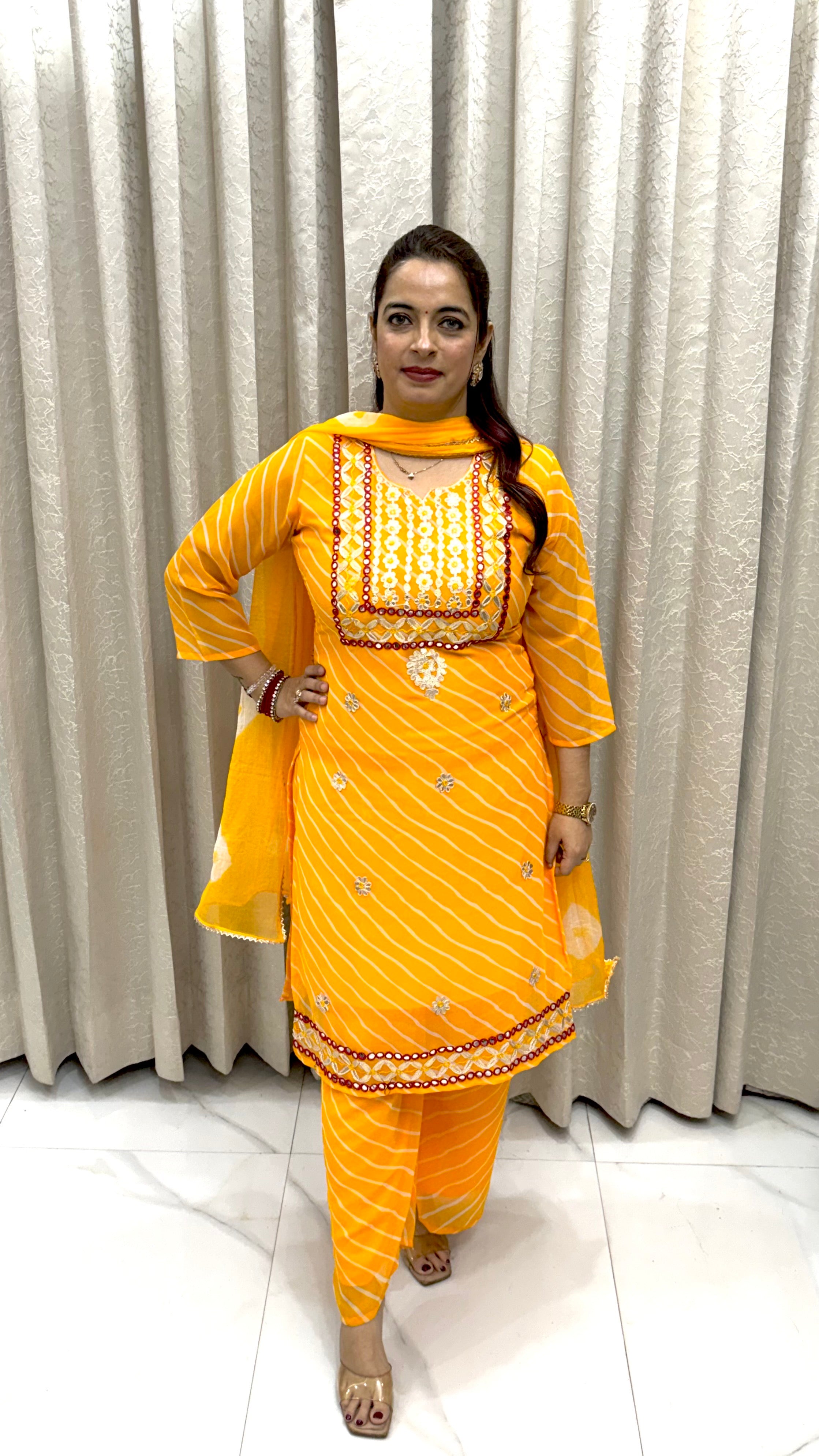 Elegant Georgette Lehriya Print Suit with Gotta Patti & Mirror Work – Festive Ethnic Ensemble