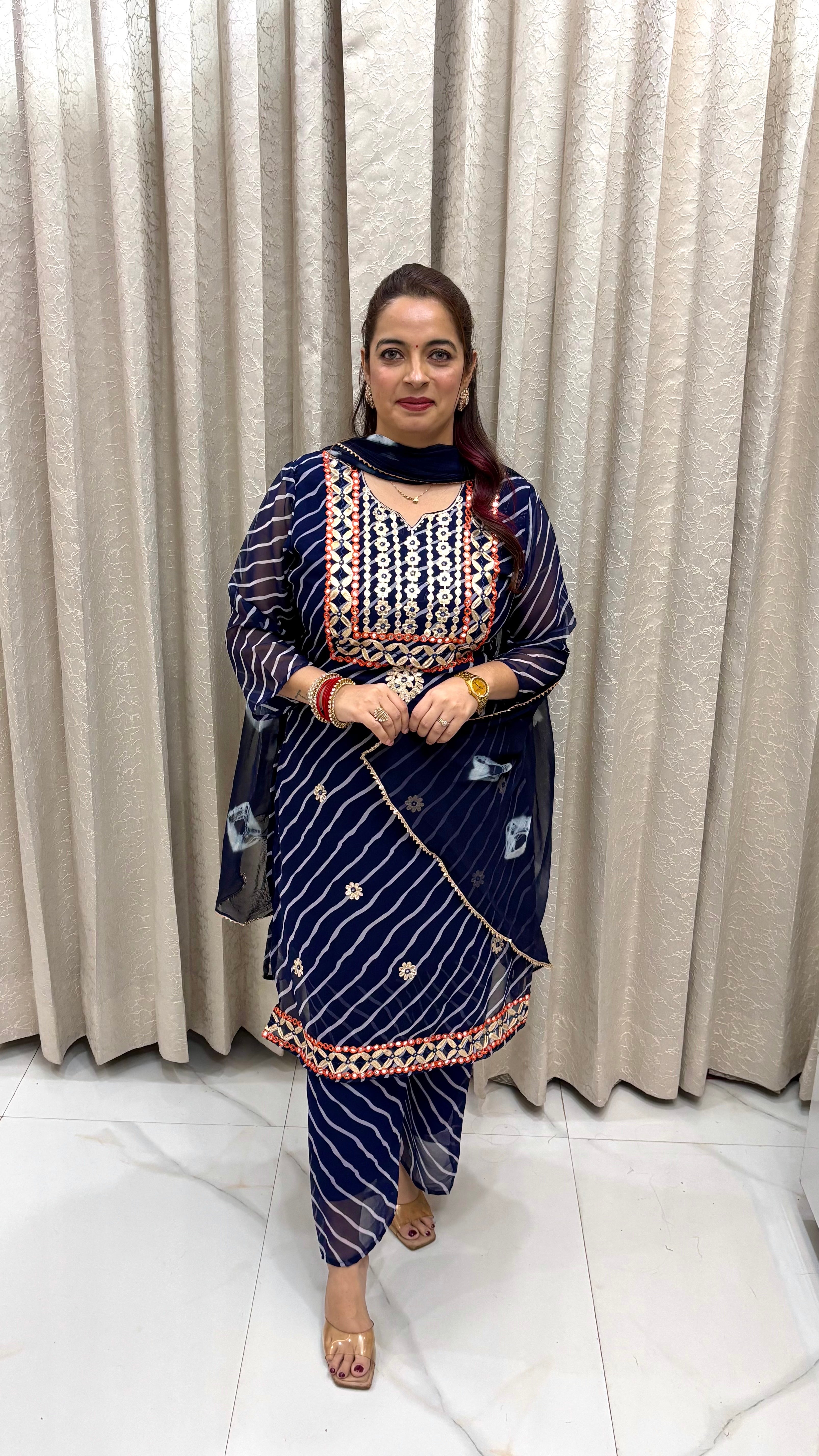 Elegant Georgette Lehriya Print Suit with Gotta Patti & Mirror Work – Festive Ethnic Ensemble