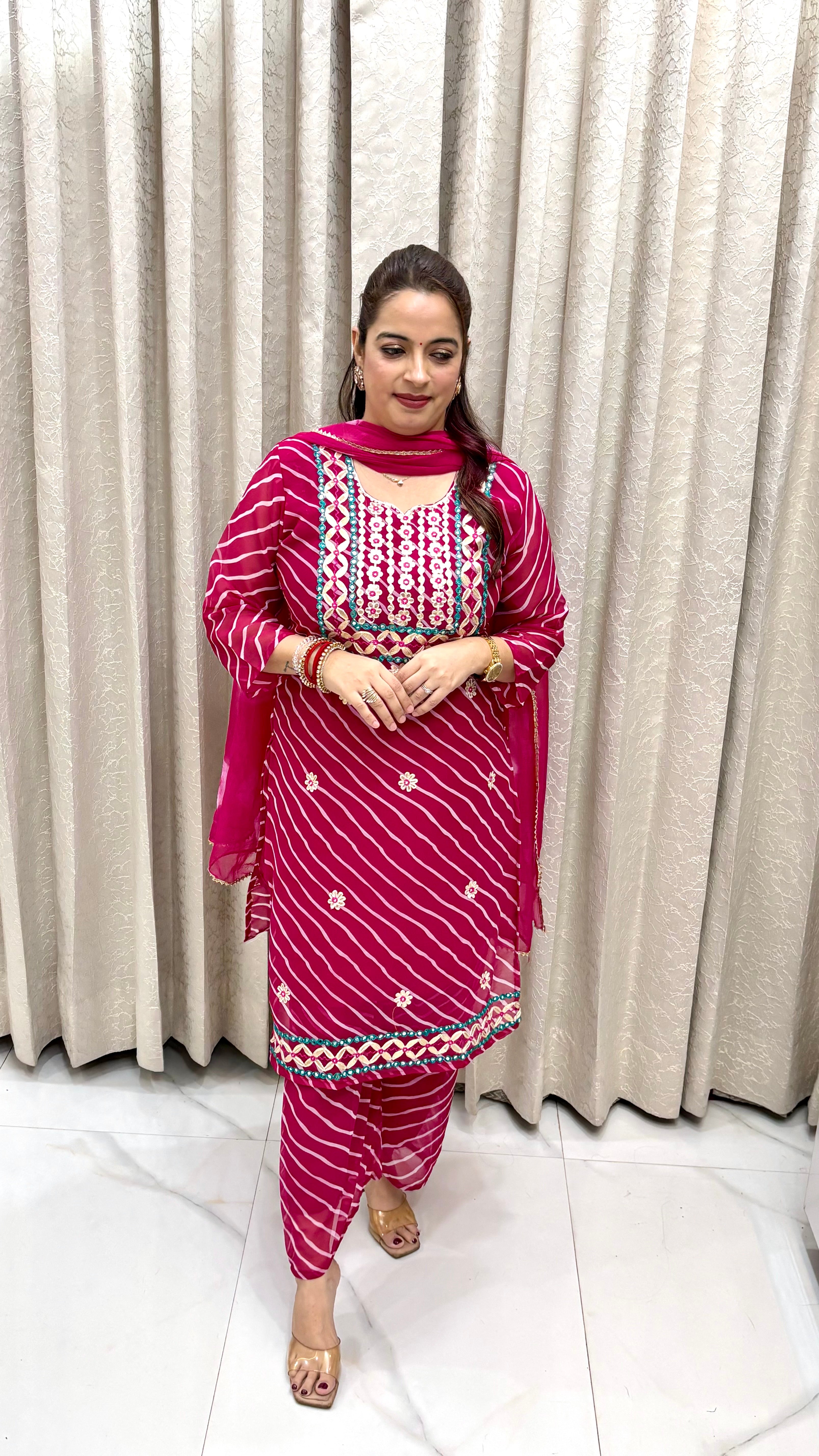 Elegant Georgette Lehriya Print Suit with Gotta Patti & Mirror Work – Festive Ethnic Ensemble