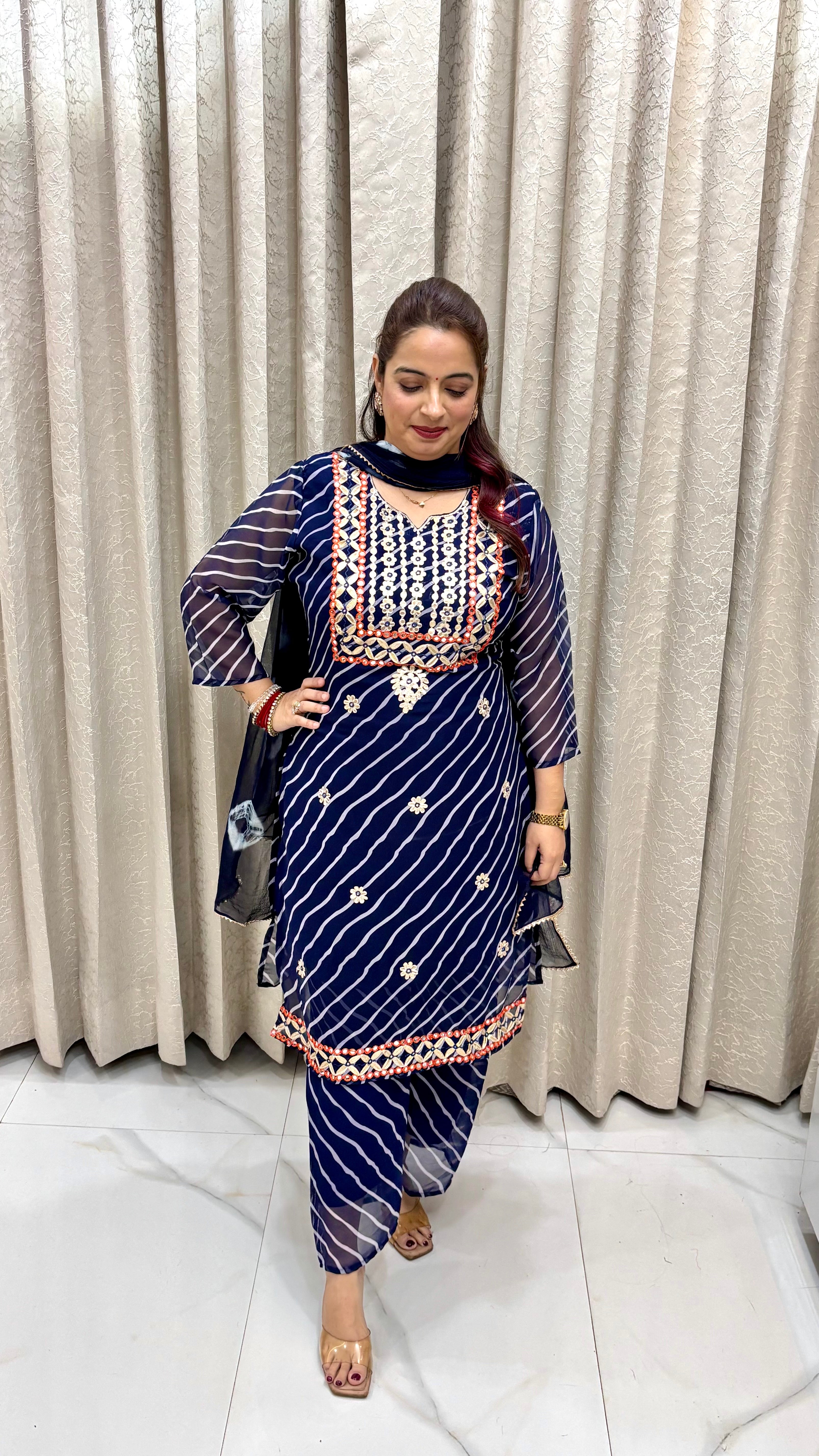 Elegant Georgette Lehriya Print Suit with Gotta Patti & Mirror Work – Festive Ethnic Ensemble