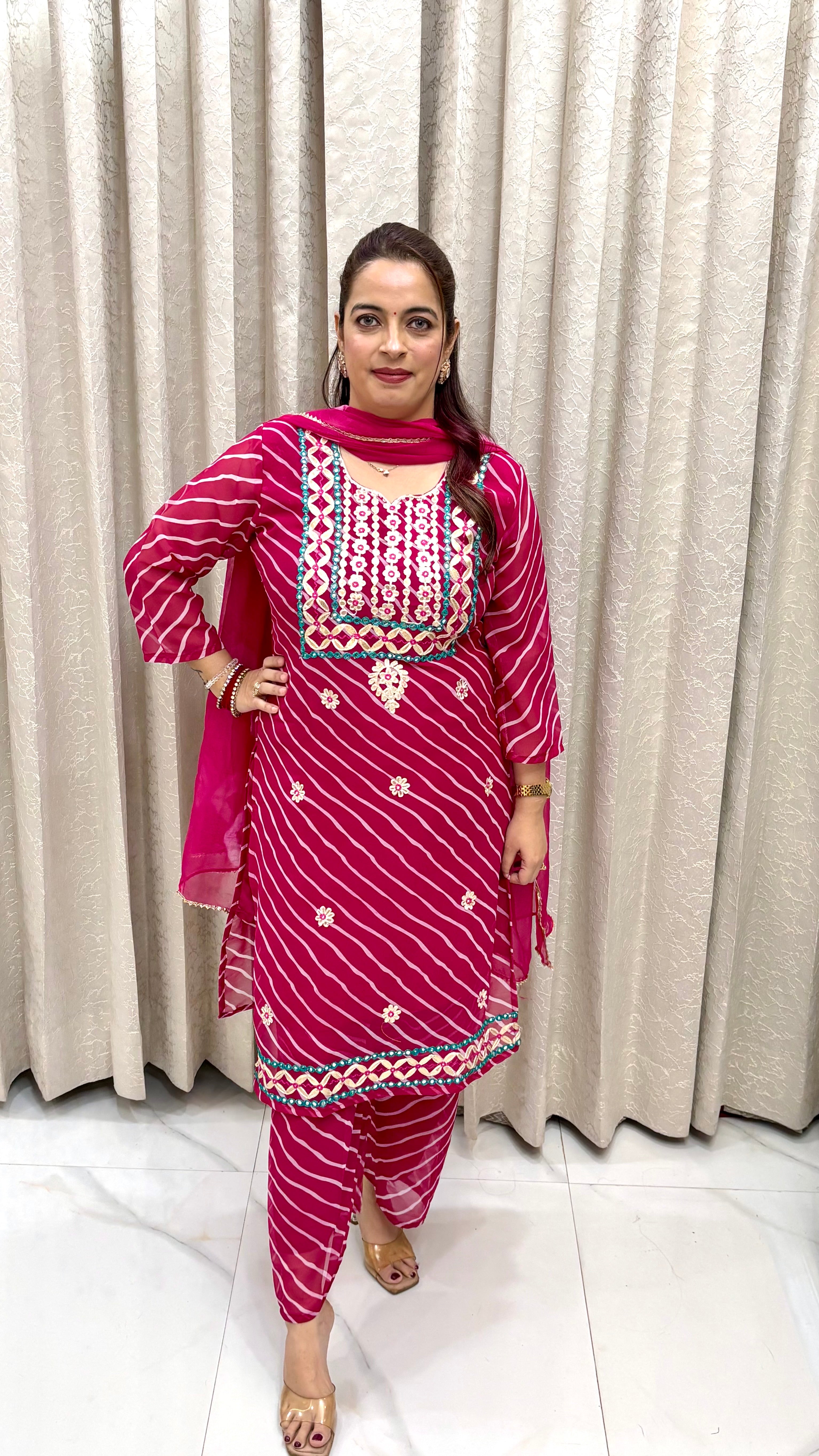 Elegant Georgette Lehriya Print Suit with Gotta Patti & Mirror Work – Festive Ethnic Ensemble