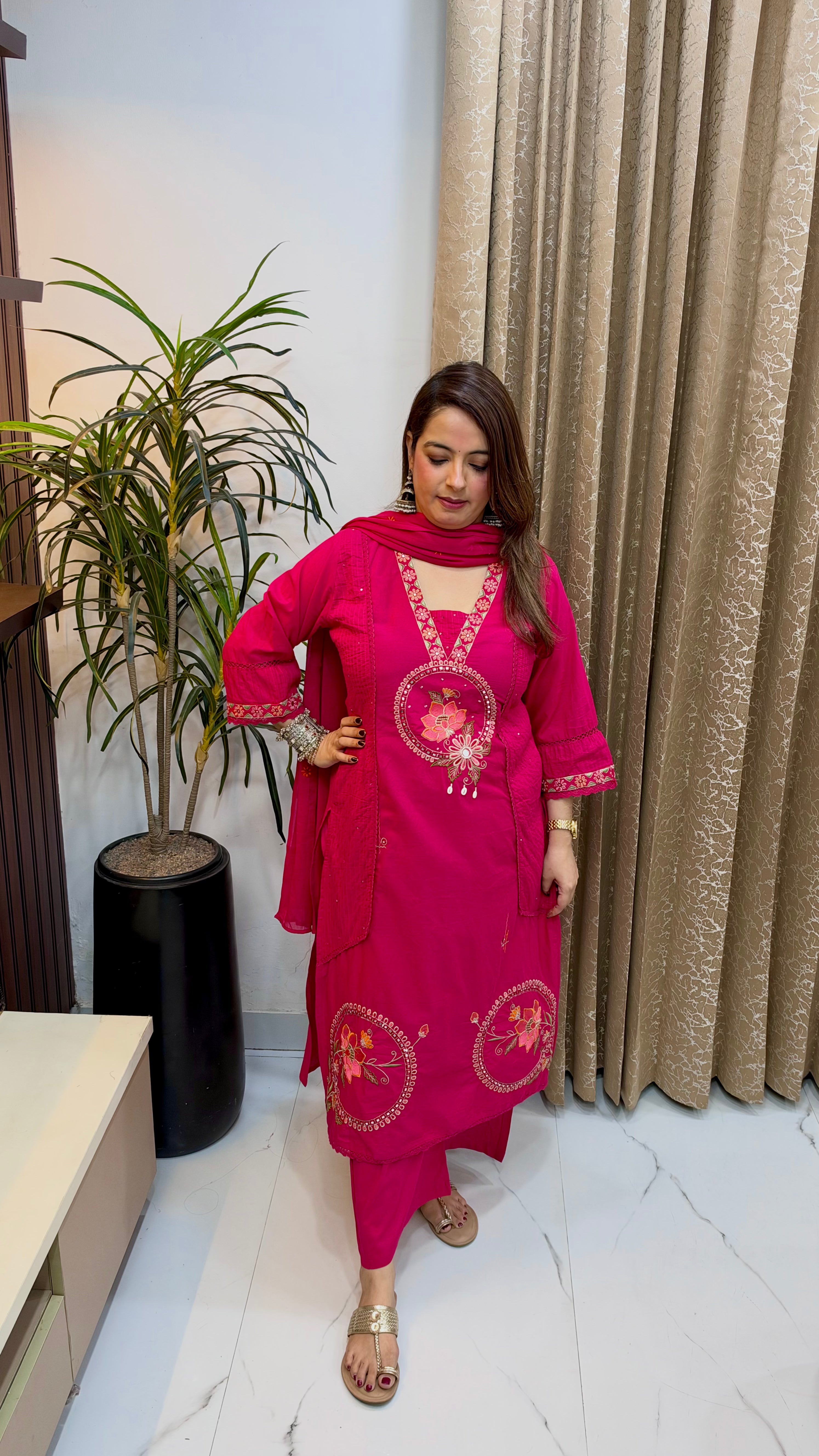 Artisanal Tactility: Premium Cotton 3-Piece Suit Set with Pintex Side Panels & Mulmul Dupatta