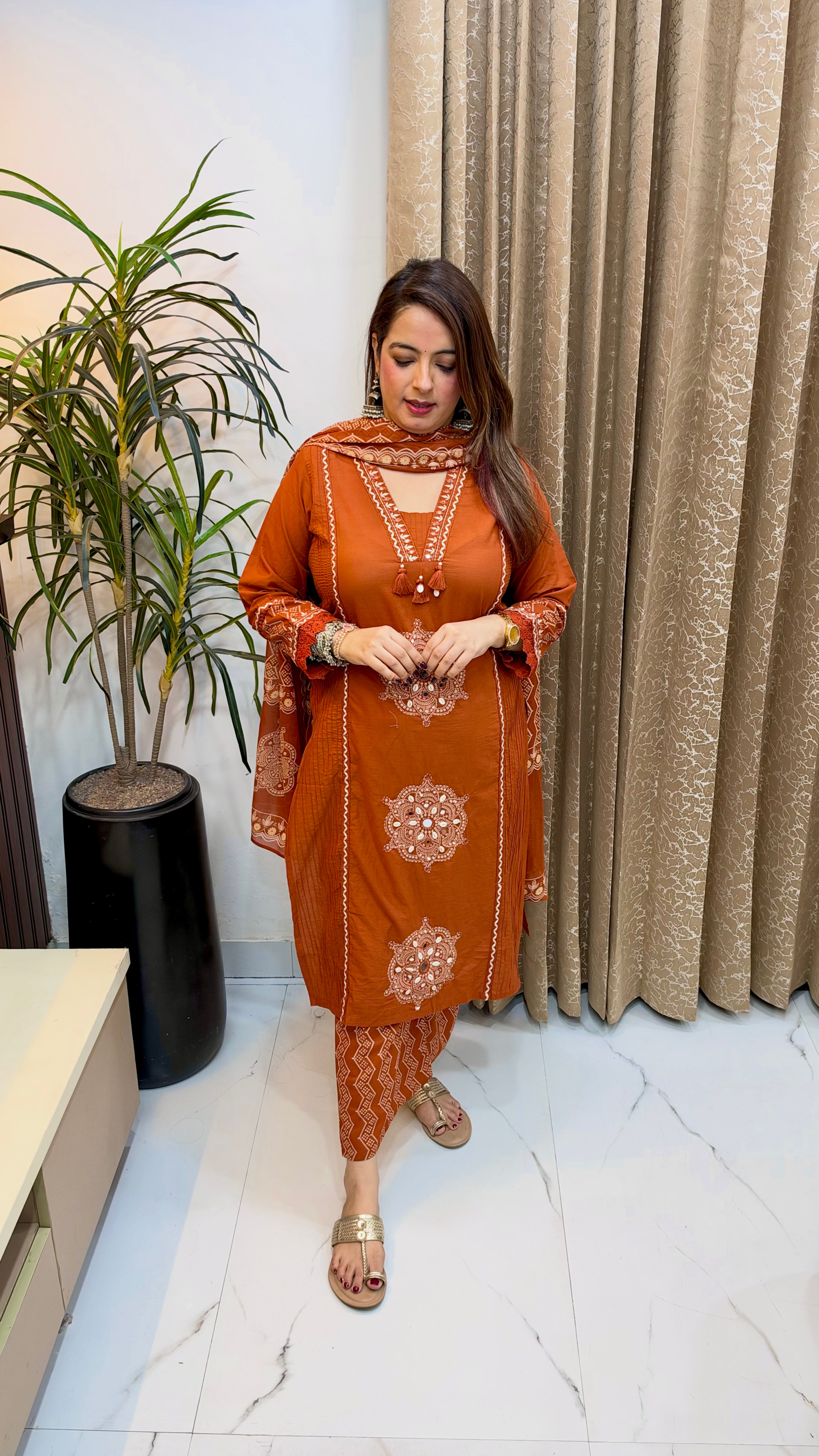Premium Cotton 3-Piece Suit Set with Pintex Panels, Bandhani Print Bottom & Mulmul Dupatta