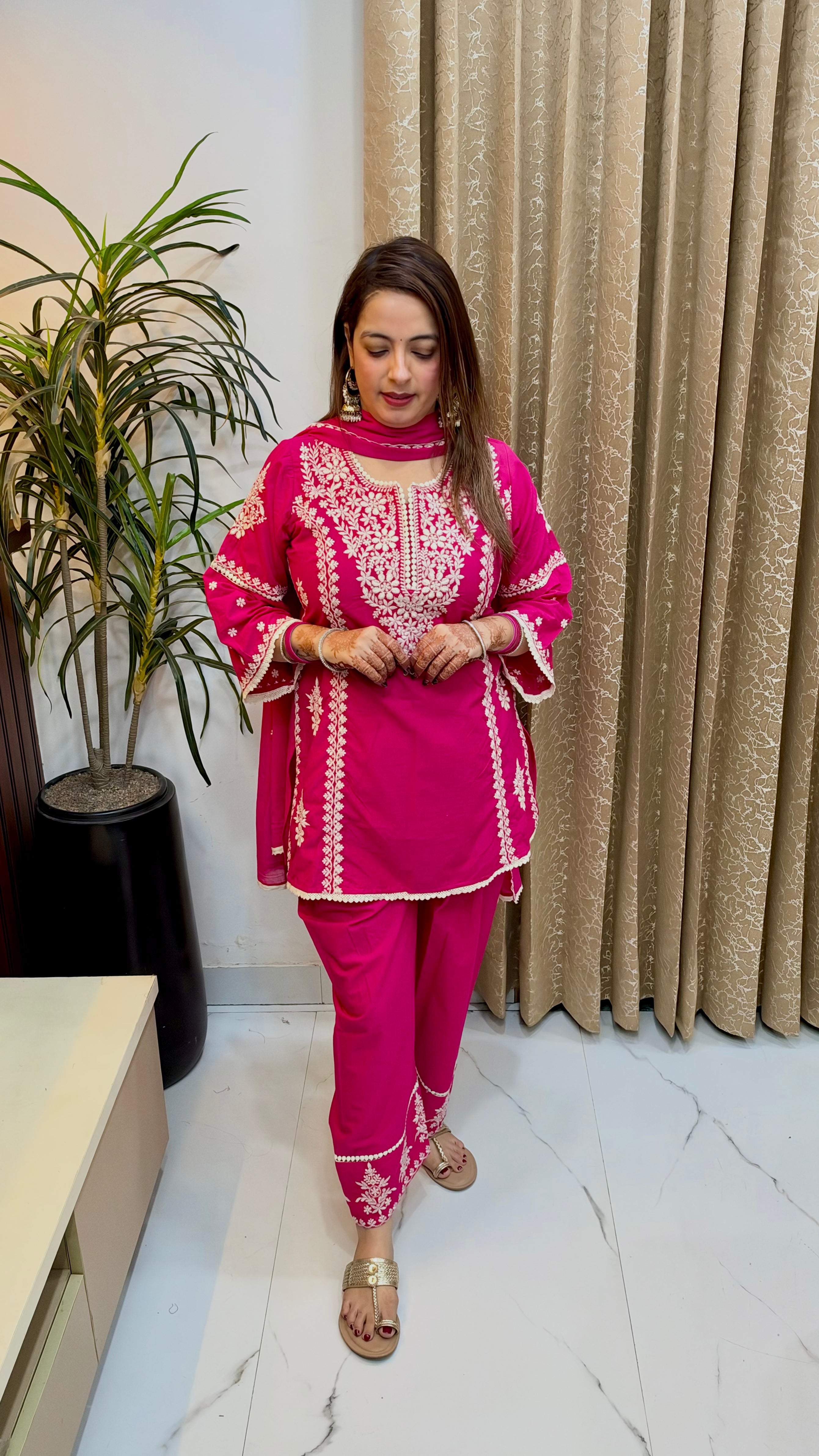 Heritage Charm: Premium Cotton 3-Piece Lucknowi Work Suit Set with Farshi Salwar
