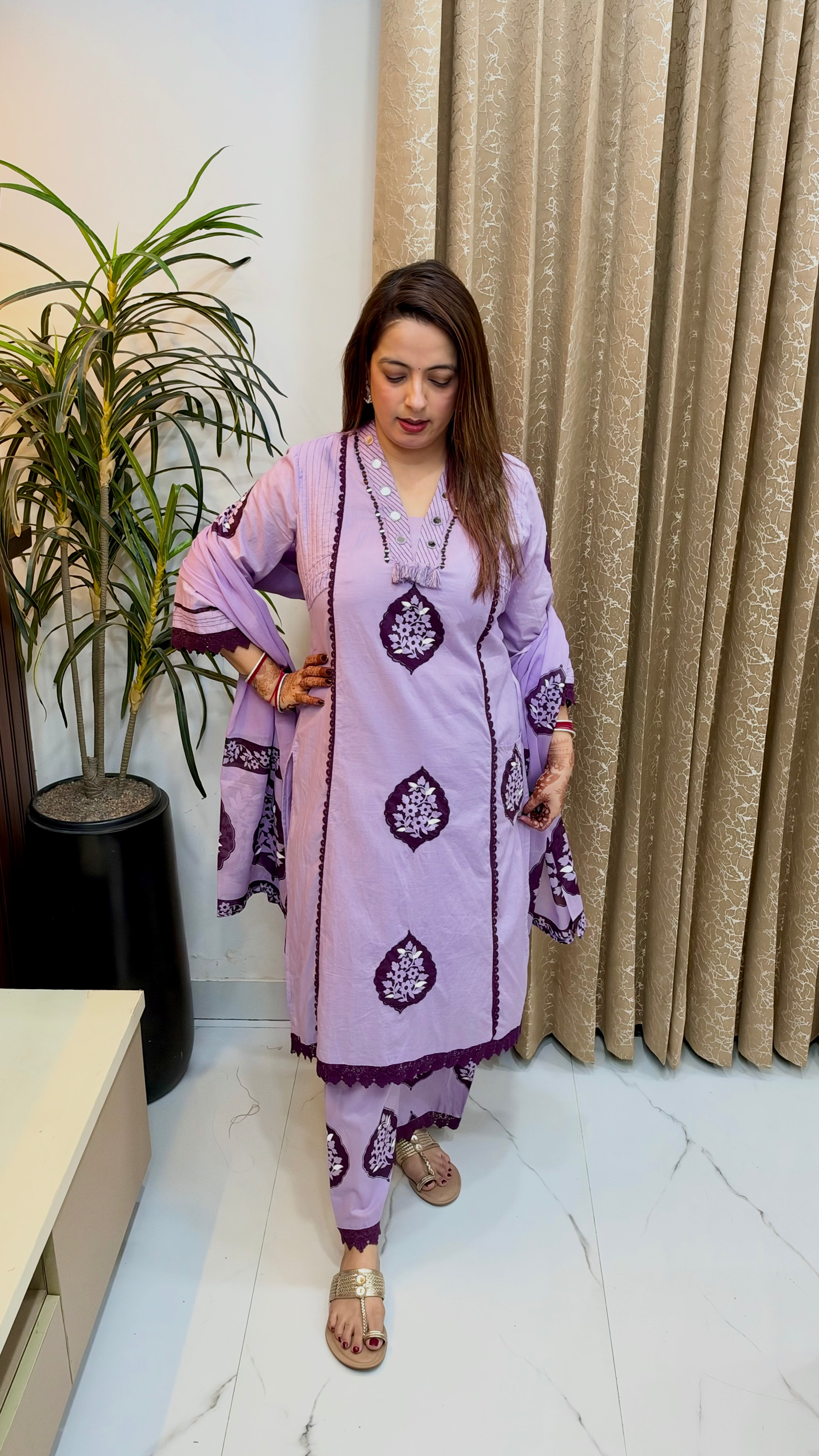 Premium Cotton 3-Piece Suit Set with Applique, Mirror Work & Crochet Lace