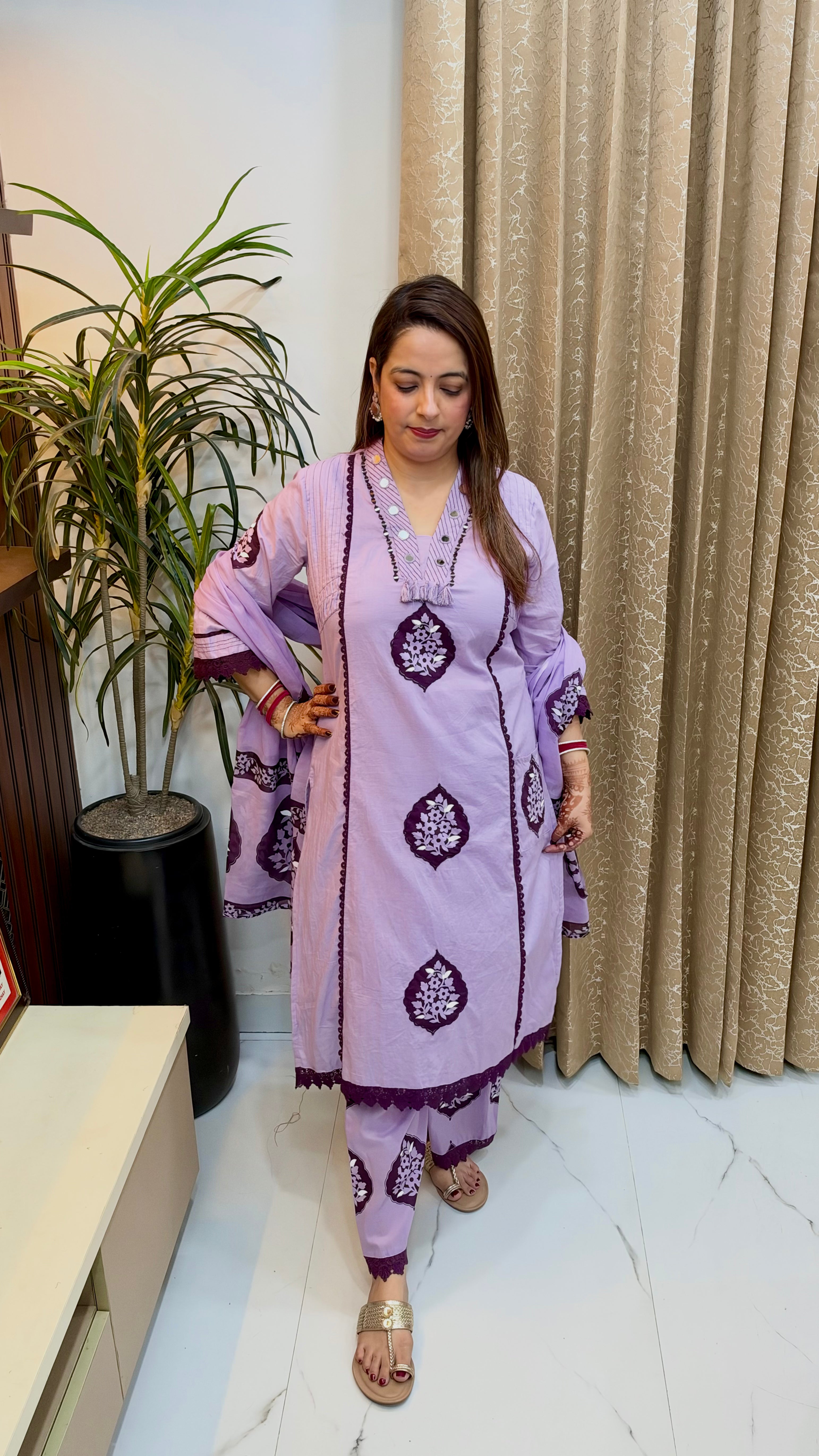 Premium Cotton 3-Piece Suit Set with Applique, Mirror Work & Crochet Lace