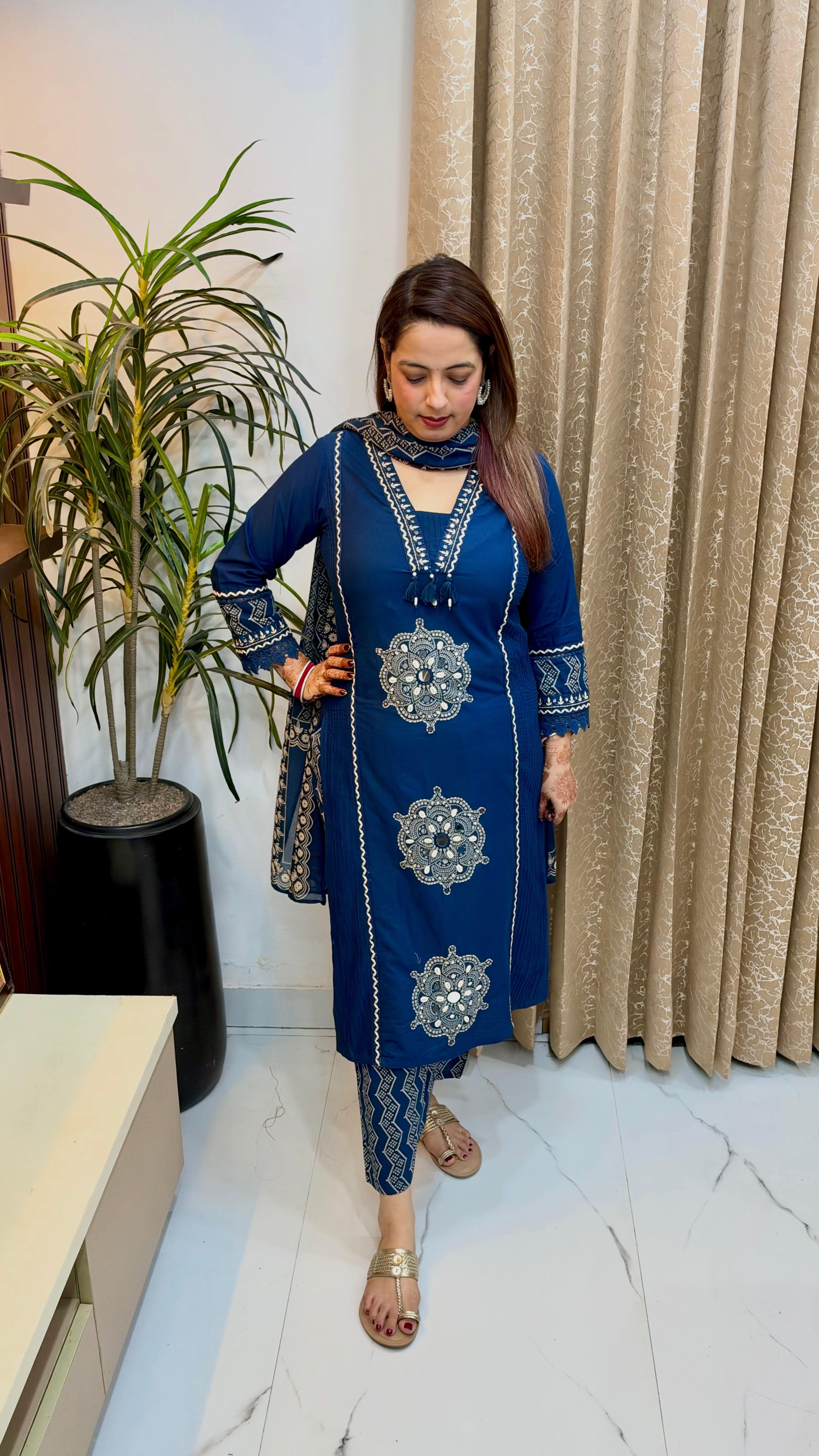 Premium Cotton 3-Piece Bandhani Print Suit Set with Applique Work