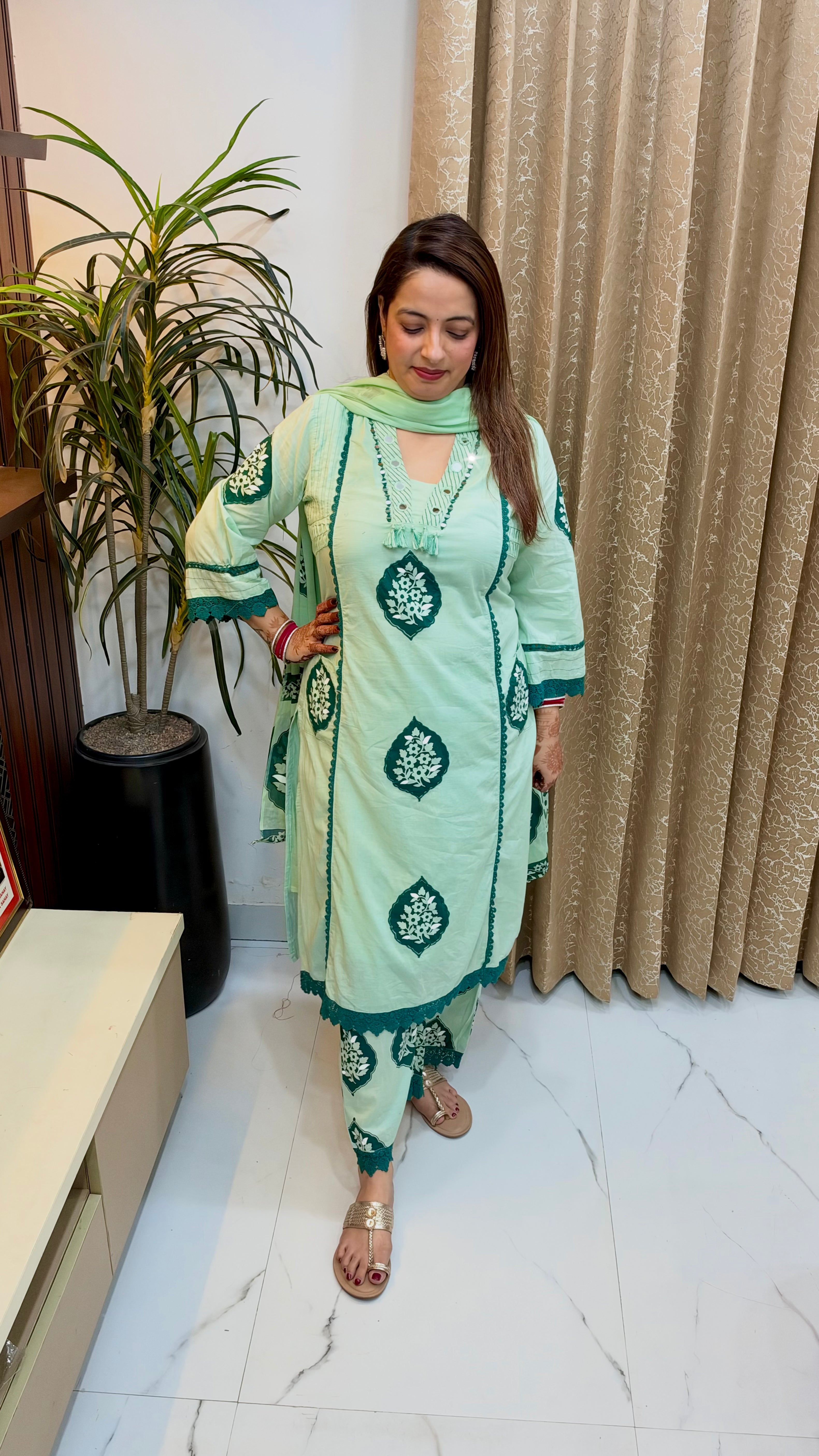 Premium Cotton 3-Piece Suit Set with Applique, Mirror Work
