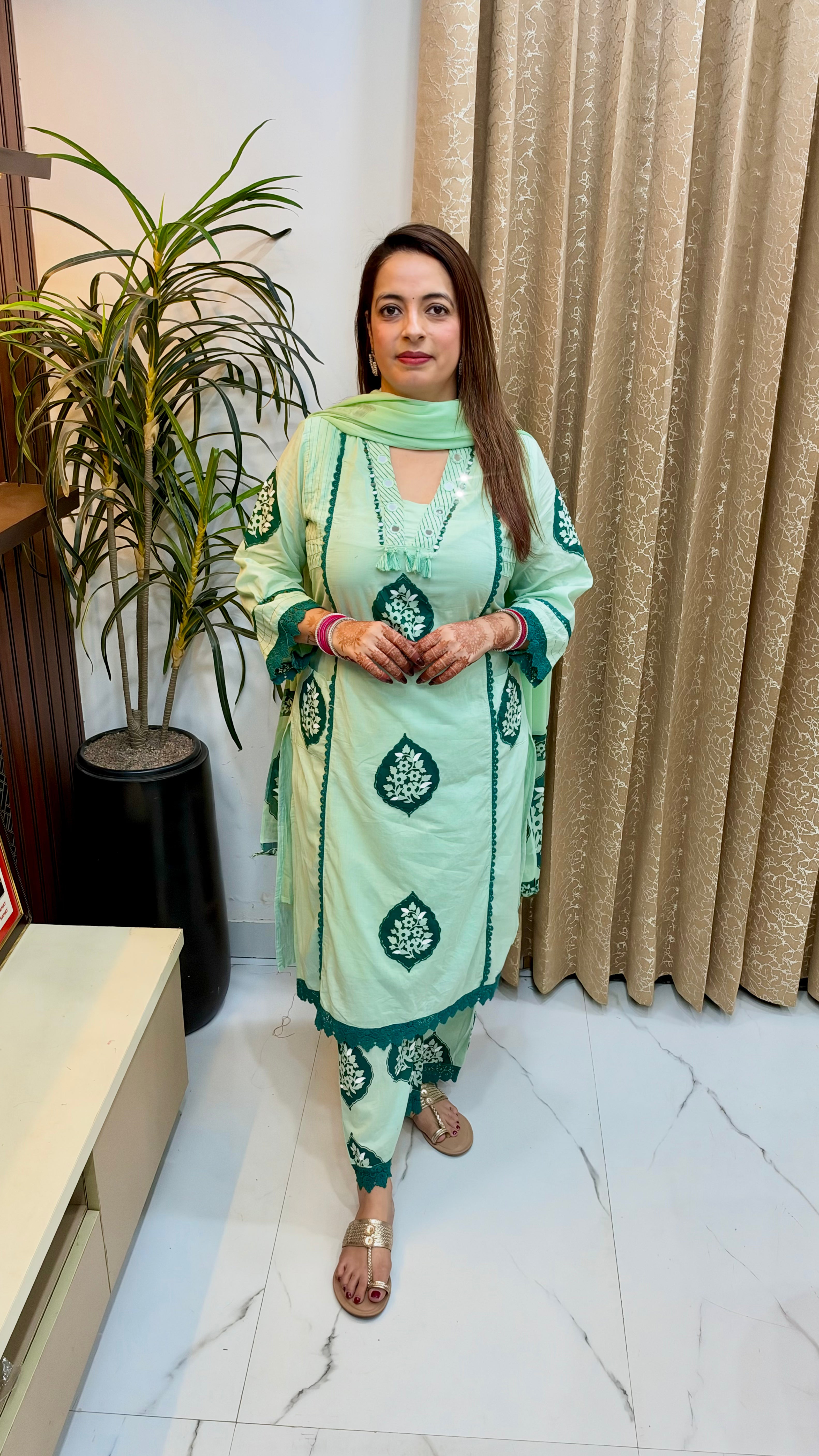 Premium Cotton 3-Piece Suit Set with Applique, Mirror Work