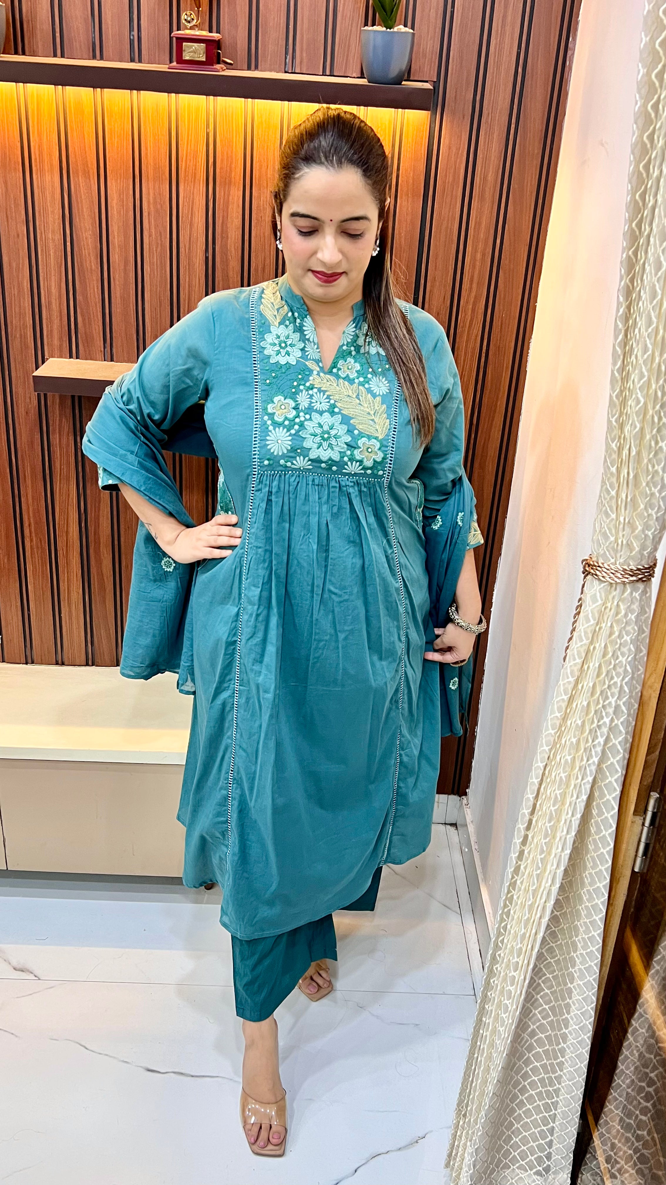 Pure Cotton A-Line Suit with Gather Work & Mul Cotton Dupatta