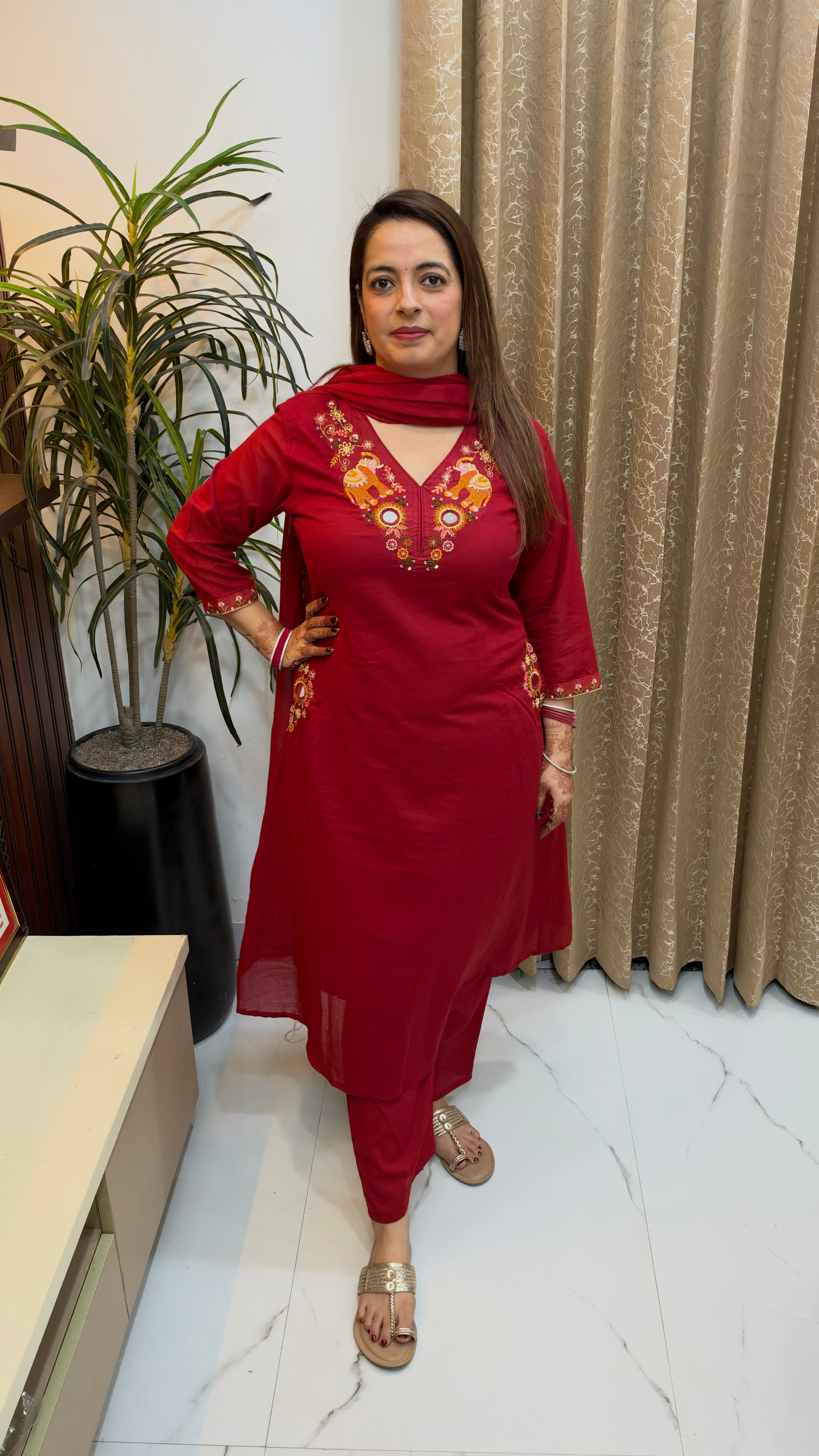 Mul Cotton 3-Piece Suit Set with Real Mirror Work & Designer Pockets