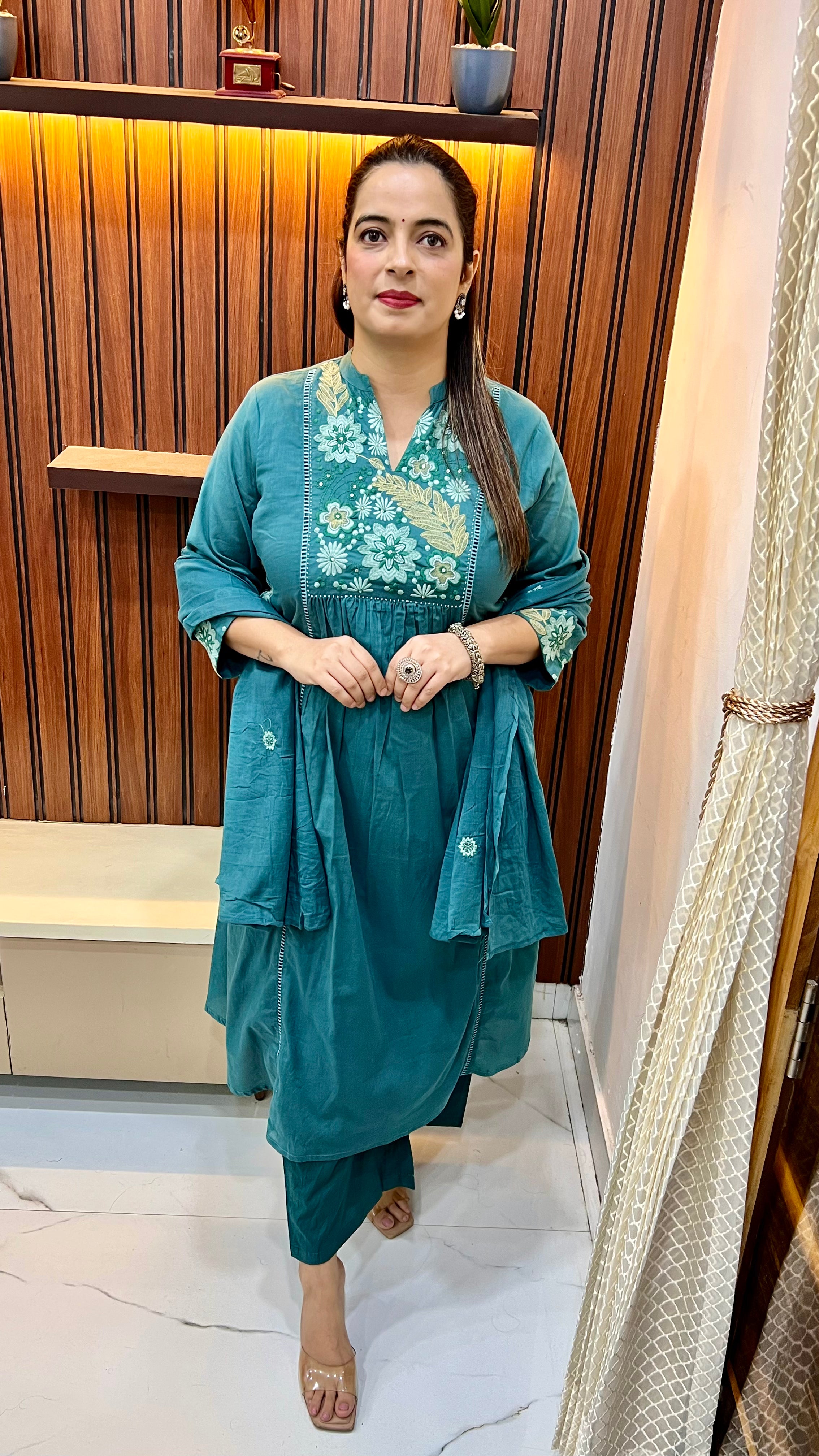 Pure Cotton A-Line Suit with Gather Work & Mul Cotton Dupatta