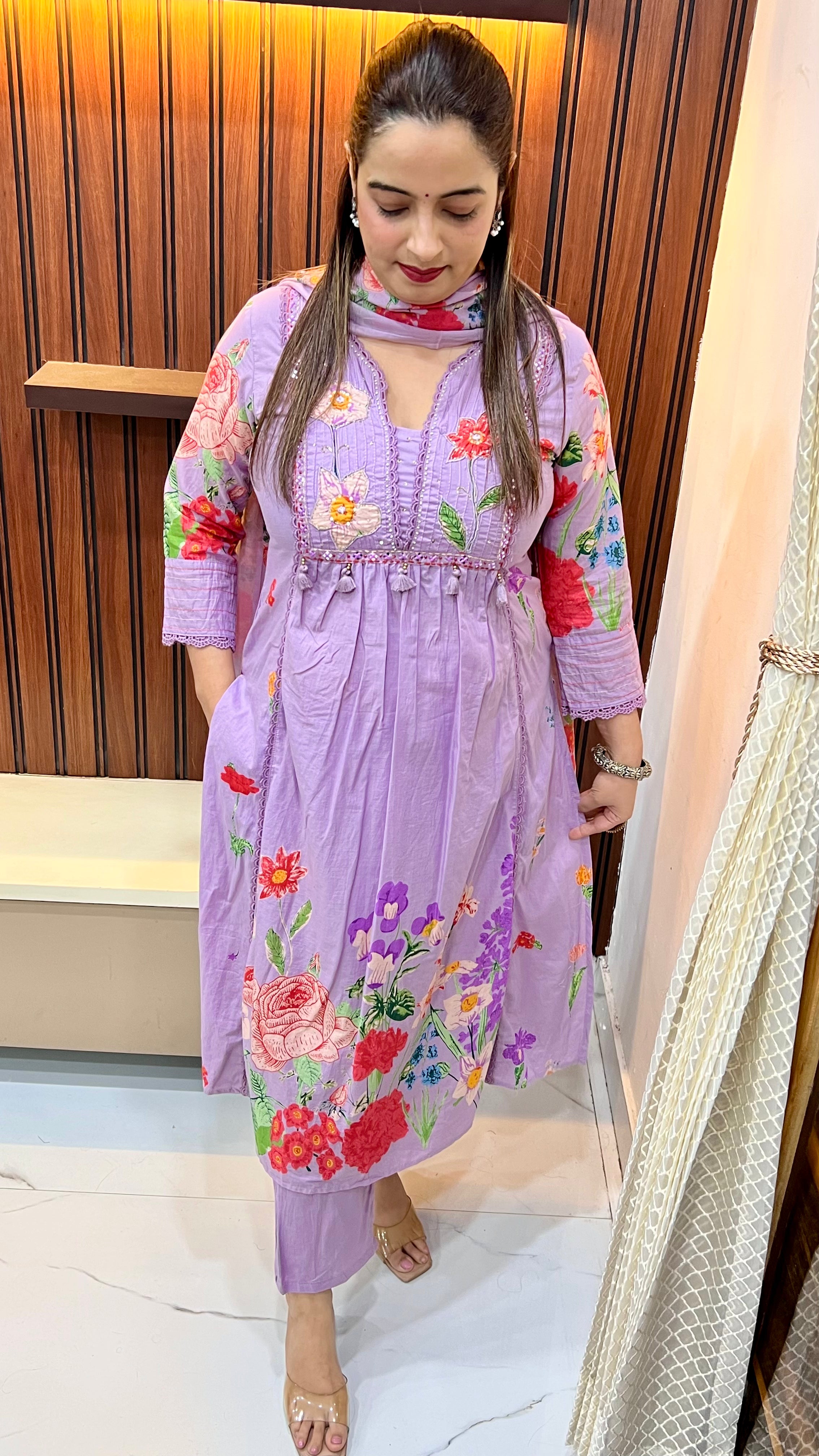 Cotton Suit with Gather & Appliqué Work