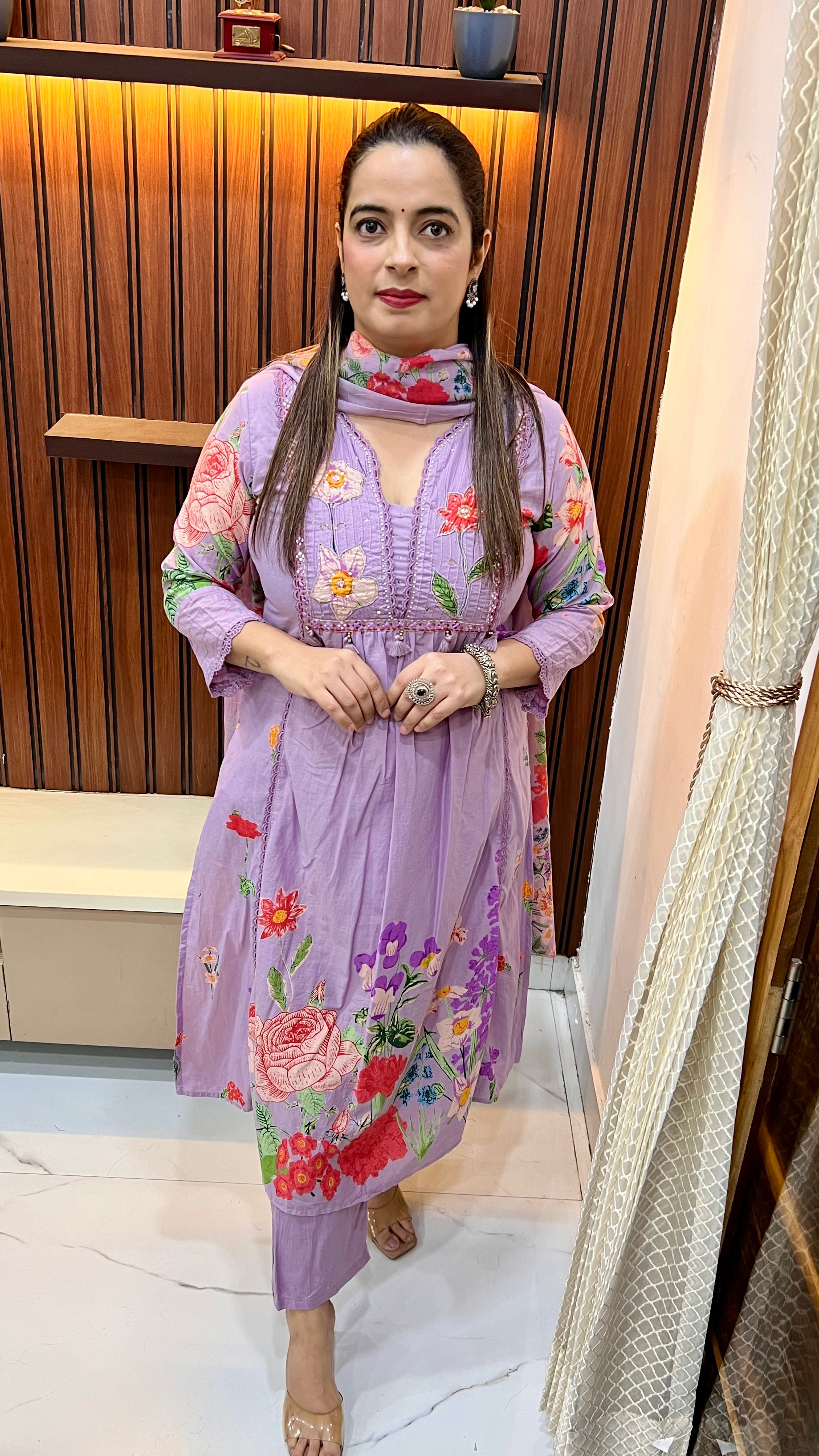 Cotton Suit with Gather & Appliqué Work