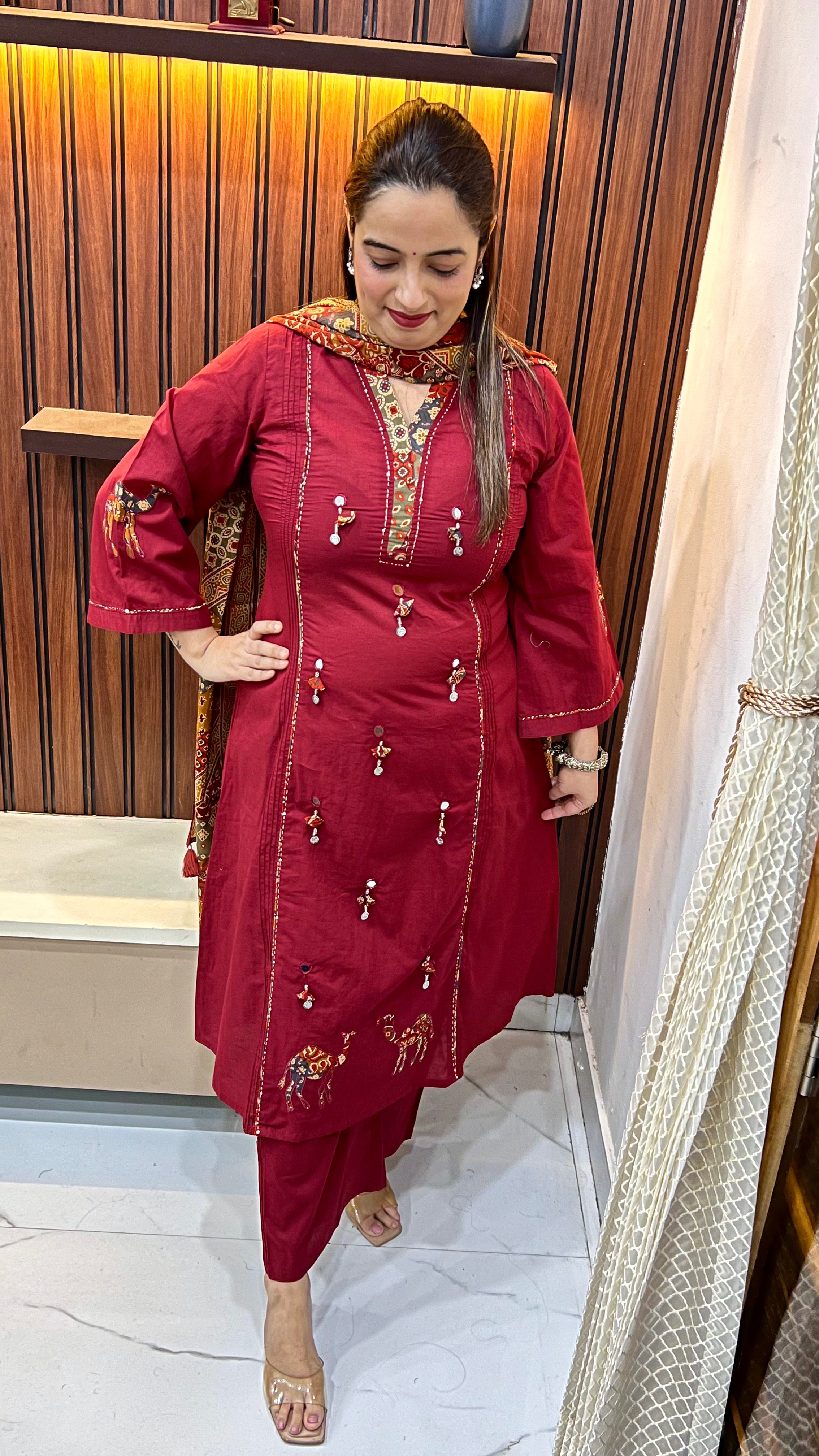 Pure Cotton Suit with Chinese Collar, Kanta & Pintex Work