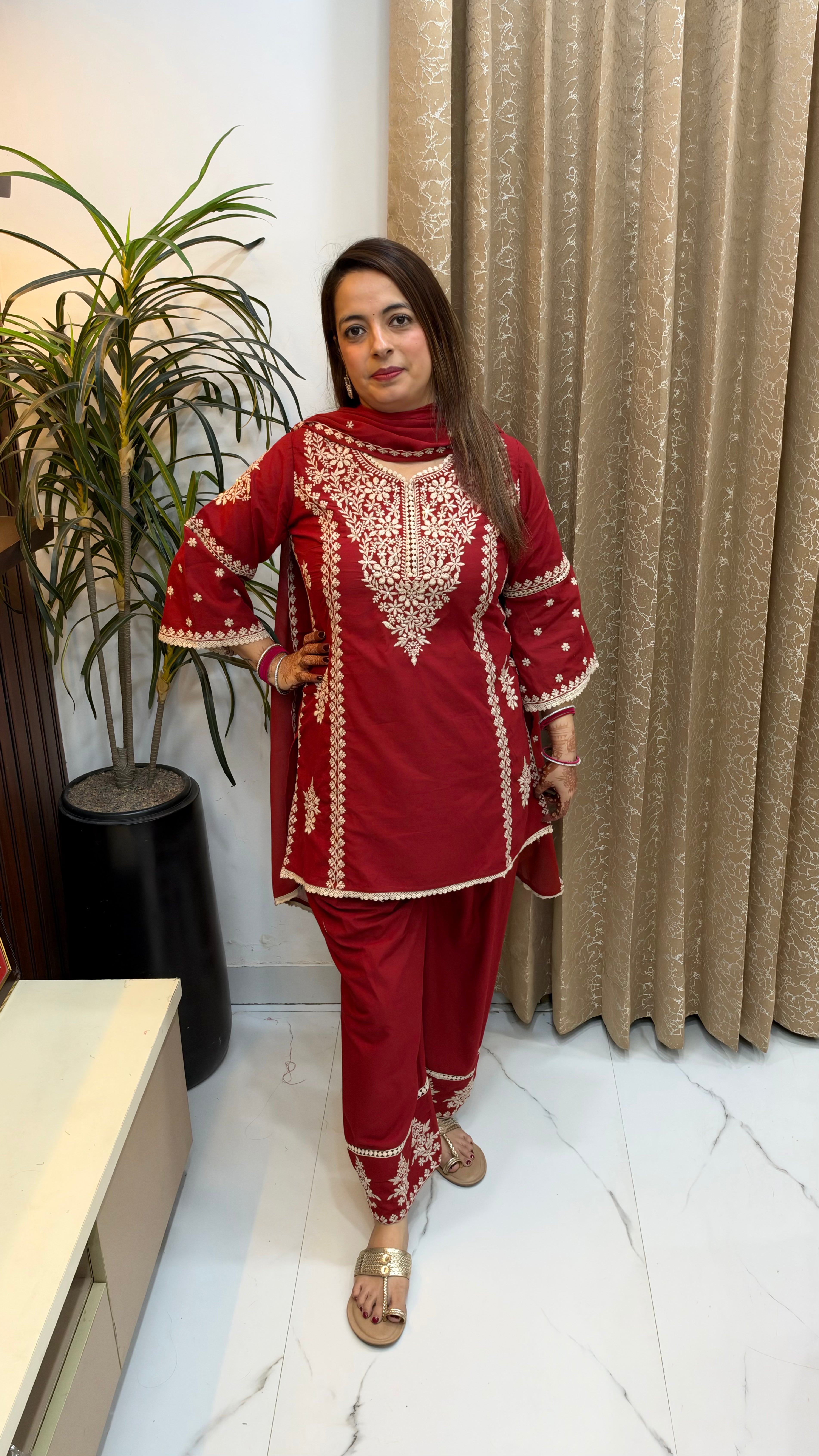 Premium Cotton 3-Piece Lucknowi Work Suit Set with Farshi Salwar